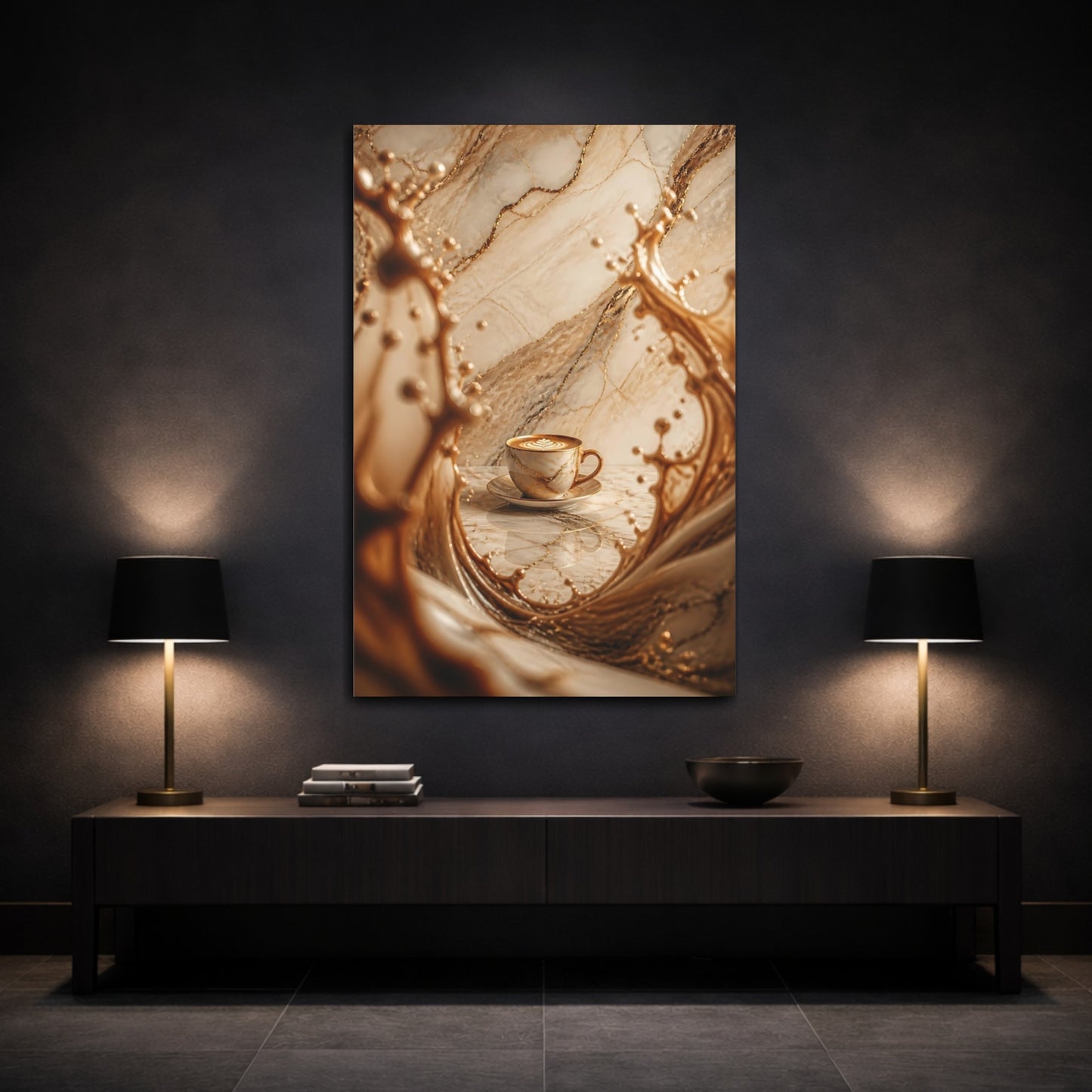 Mockup 3. Abstract Coffee Cup Brown And Gold shown as stretched canvas wall art