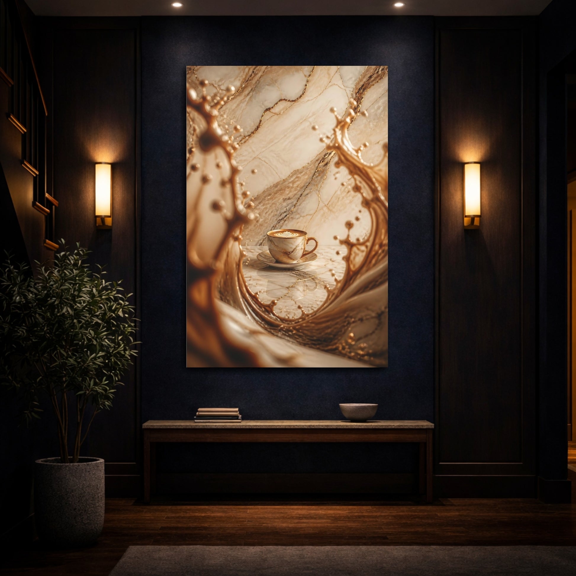 Mockup 4. Abstract Coffee Cup Brown And Gold shown as stretched canvas wall art