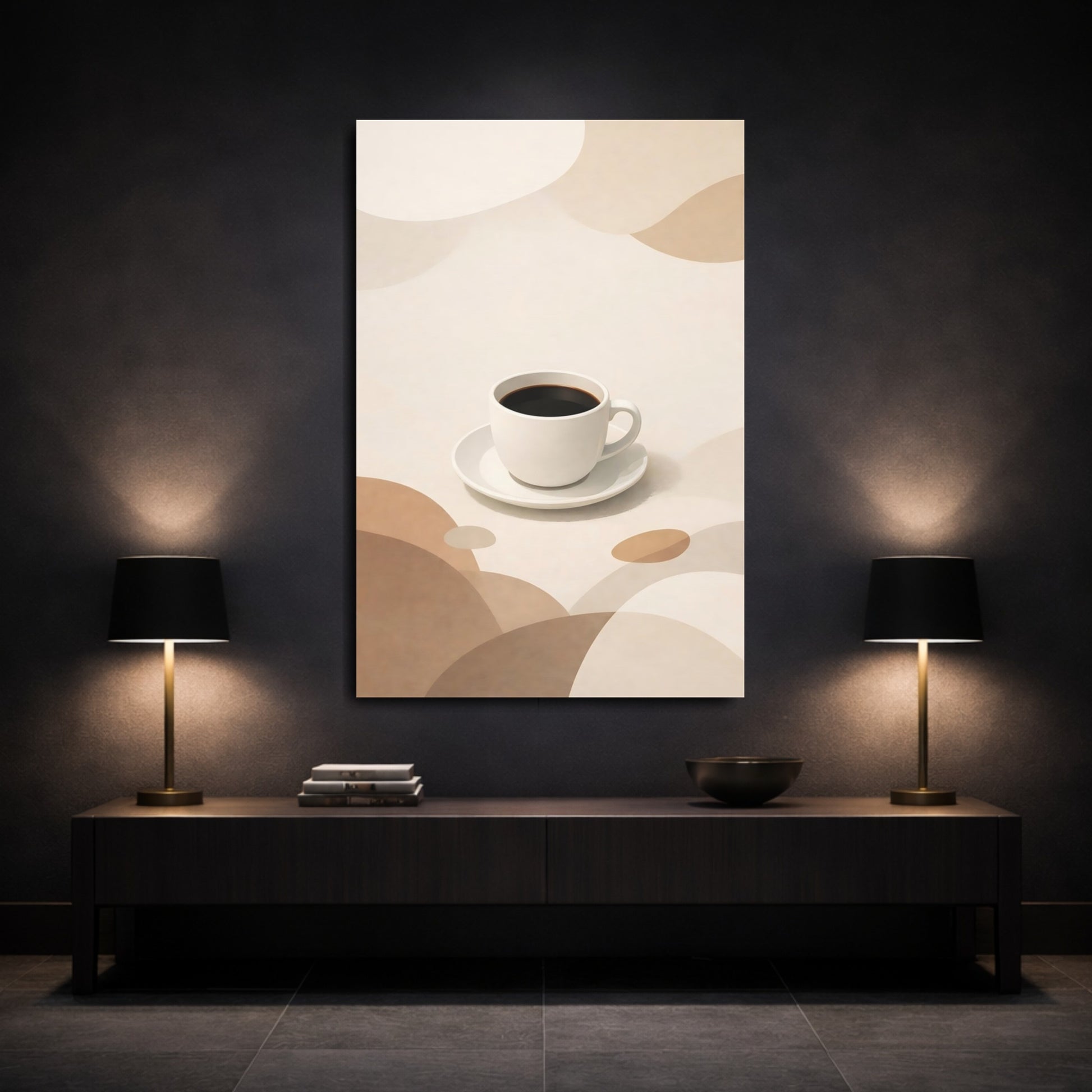 Mockup 2. Abstract Coffee Cup Neutral Coffee Art shown as stretched canvas wall art