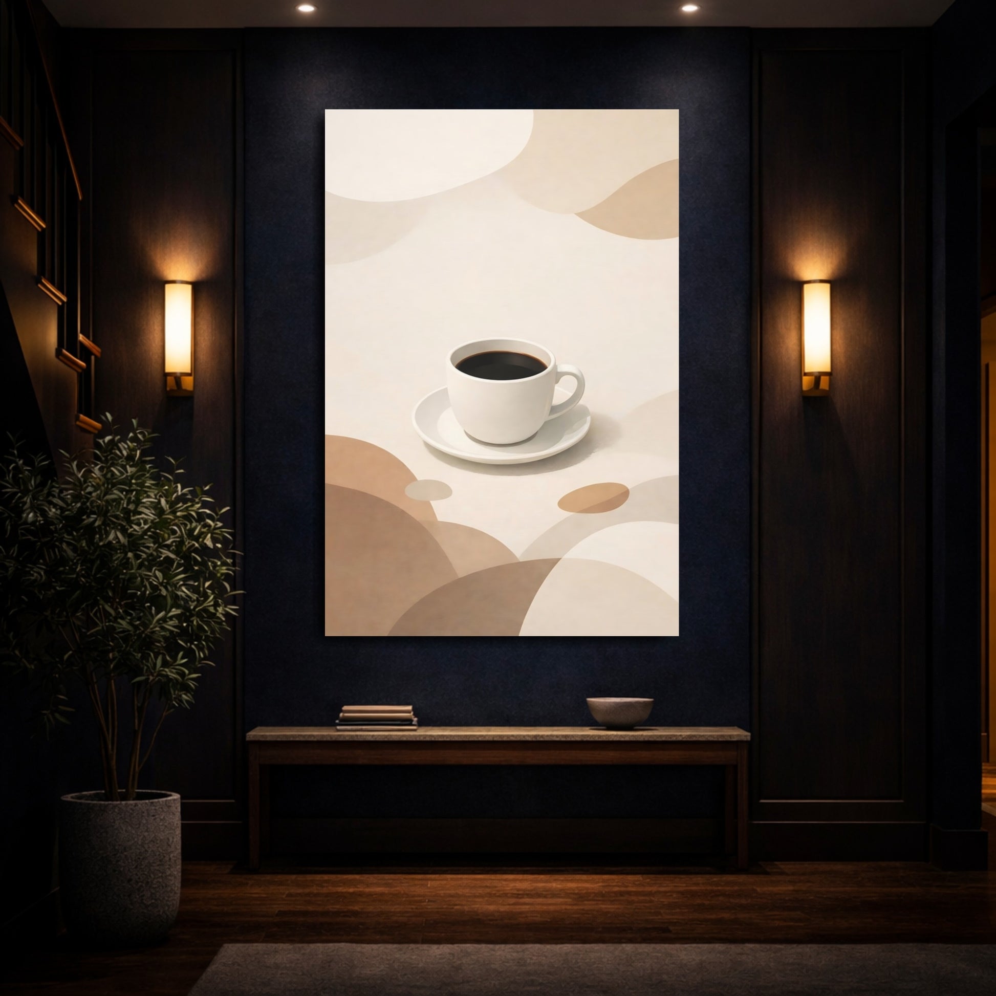 Mockup 3. Abstract Coffee Cup Neutral Coffee Art shown as stretched canvas wall art