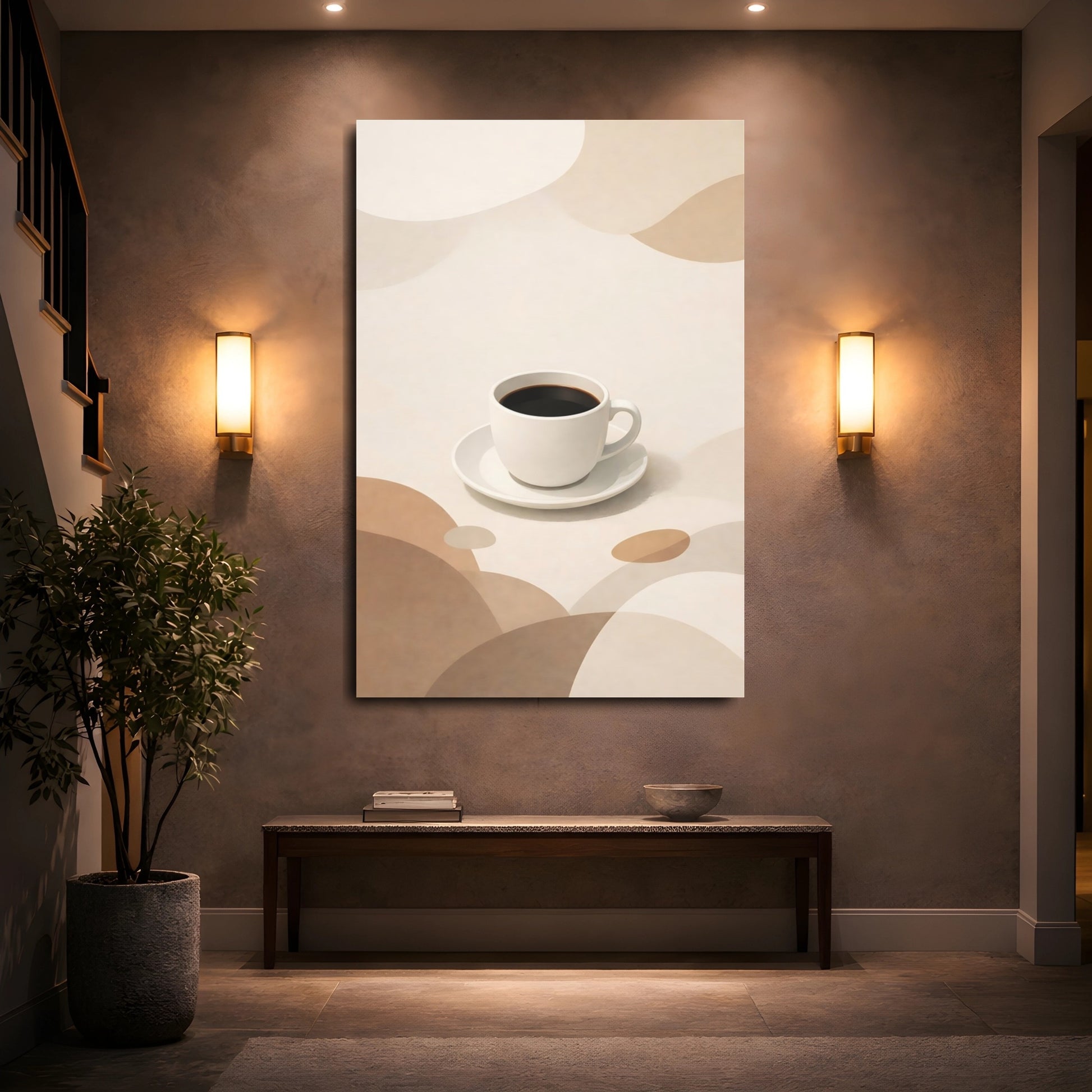 Mockup 4. Abstract Coffee Cup Neutral Coffee Art shown as stretched canvas wall art