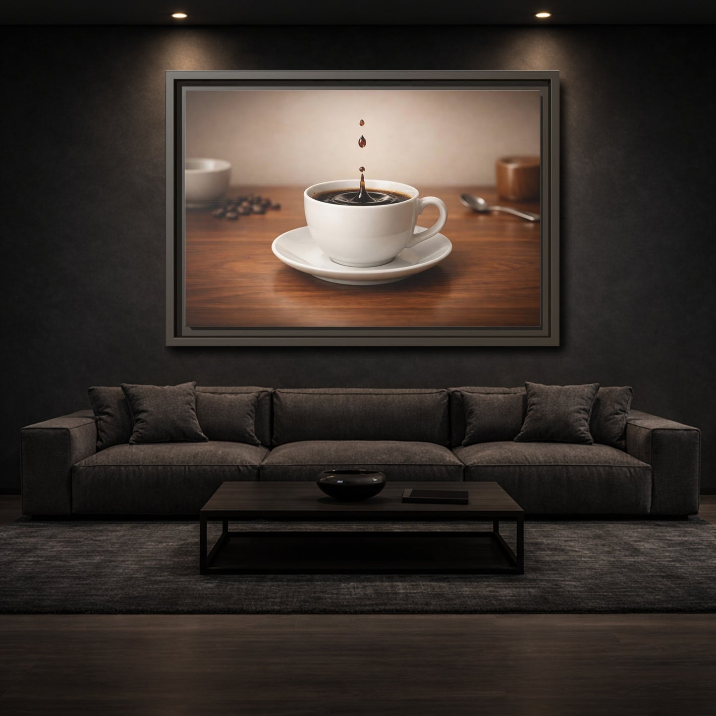 Mockup 2. Abstract Coffee Drip Coffee Splash shown as stretched canvas wall art