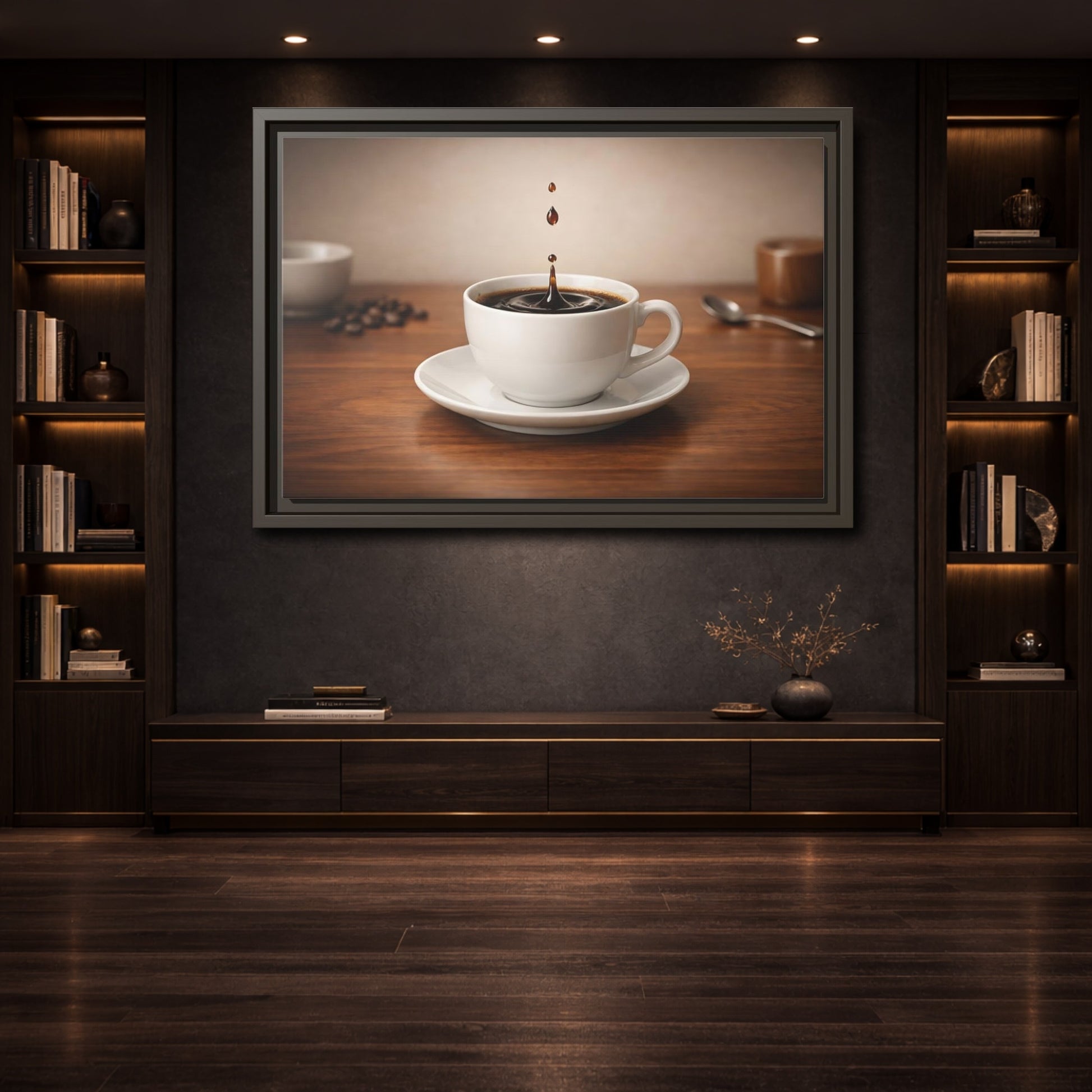 Mockup 3. Abstract Coffee Drip Coffee Splash shown as stretched canvas wall art