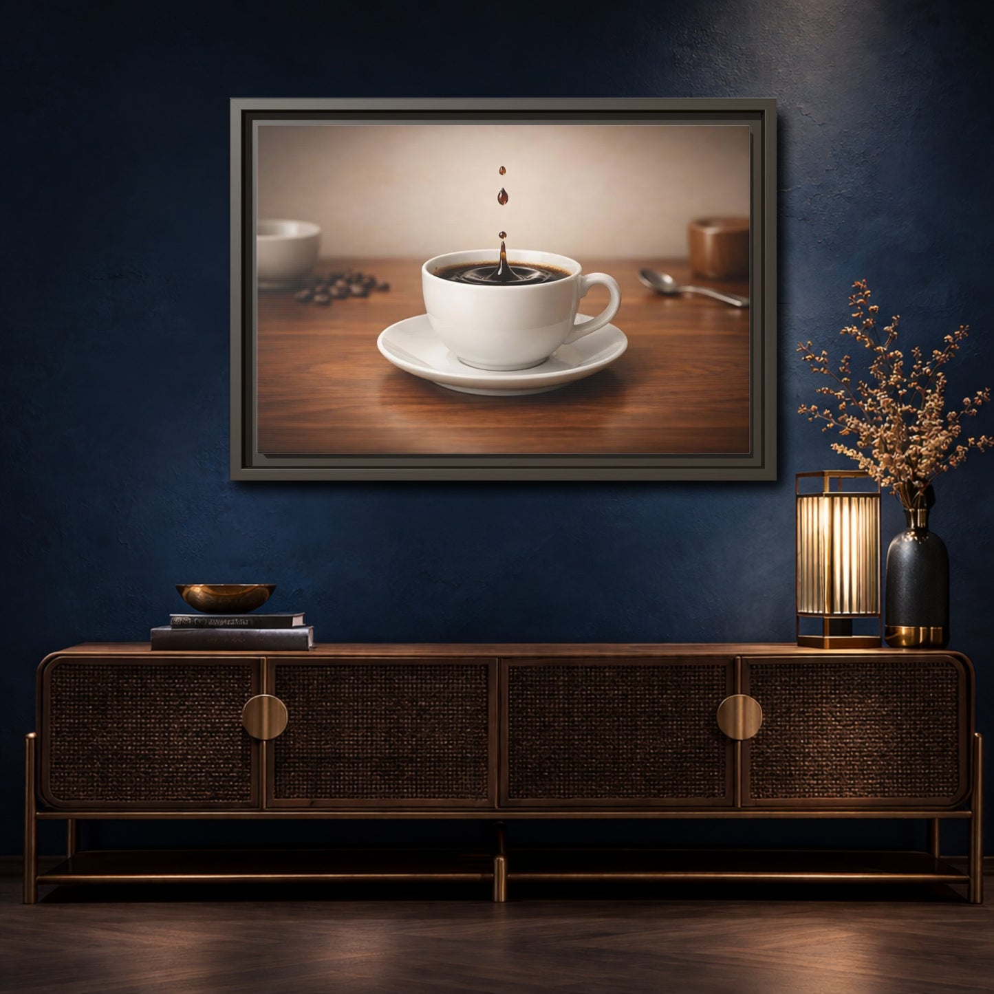 Mockup 4. Abstract Coffee Drip Coffee Splash shown as stretched canvas wall art