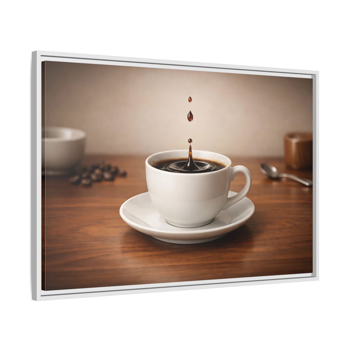 Side Mockup 8. Abstract Coffee Drip Coffee Splash shown as stretched canvas wall art