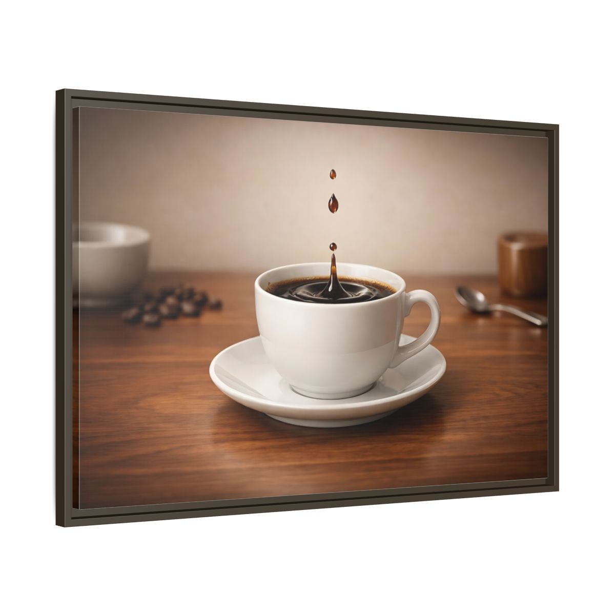 Side Mockup 9. Abstract Coffee Drip Coffee Splash shown as stretched canvas wall art