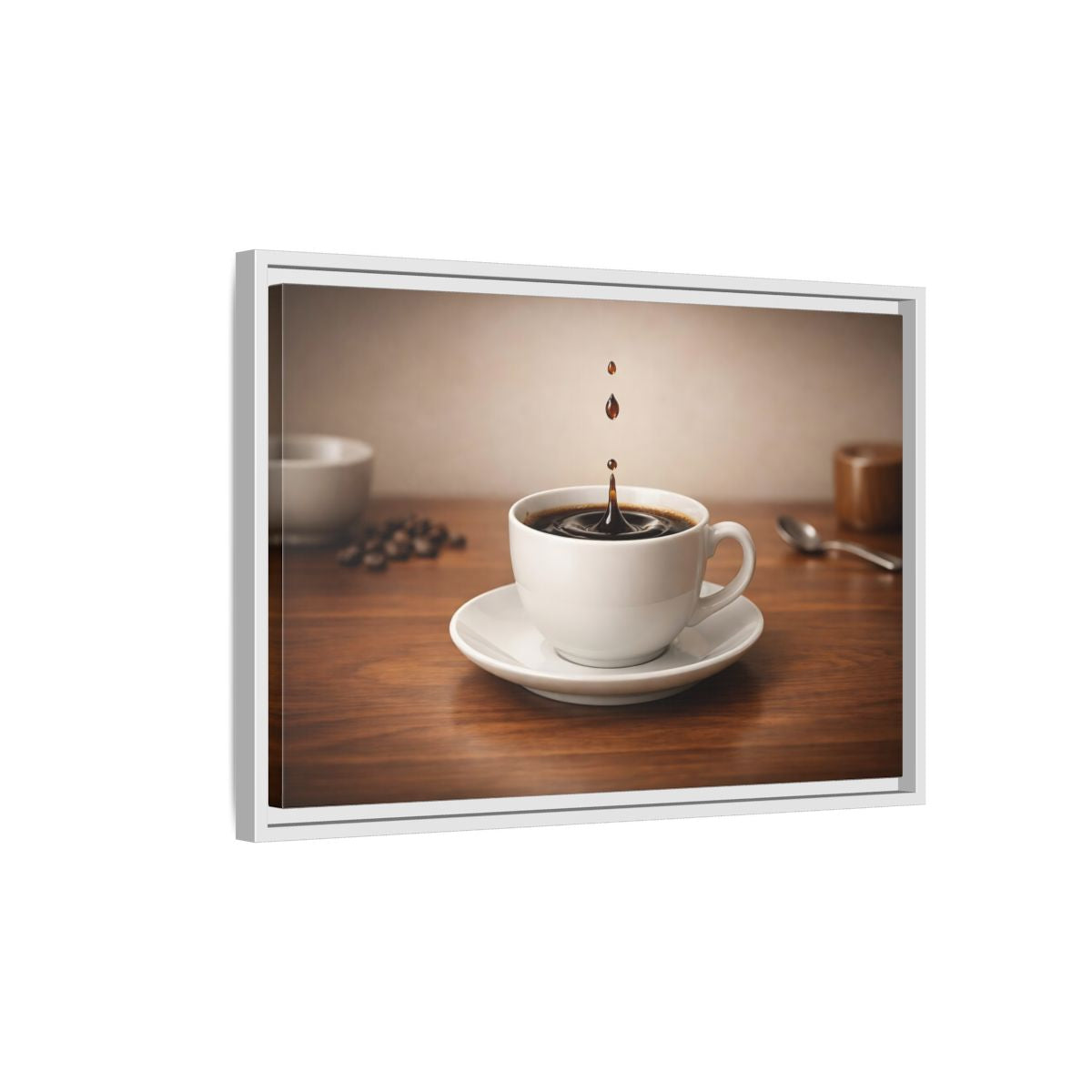 Side Mockup 1. Abstract Coffee Drip Coffee Splash shown as stretched canvas wall art
