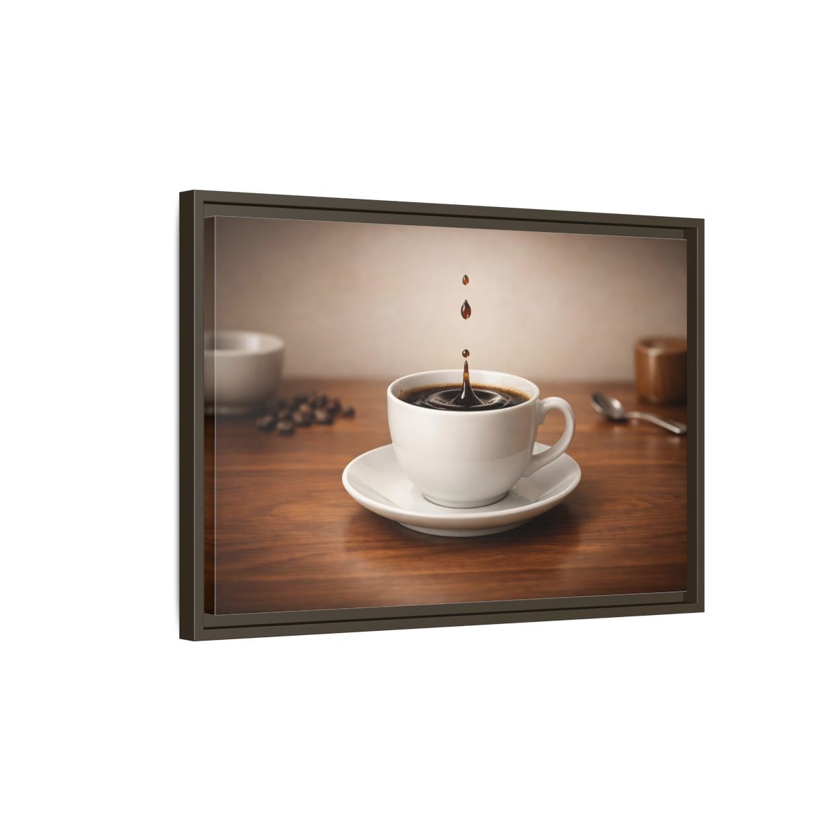 Side Mockup 2. Abstract Coffee Drip Coffee Splash shown as stretched canvas wall art