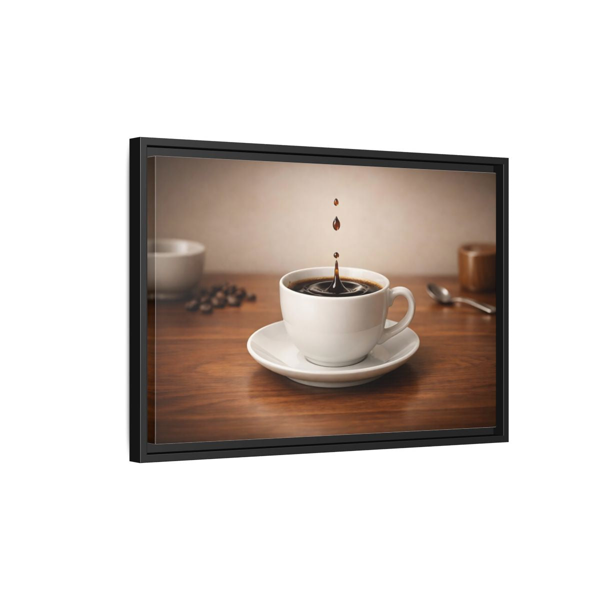 Side Mockup 3. Abstract Coffee Drip Coffee Splash shown as stretched canvas wall art