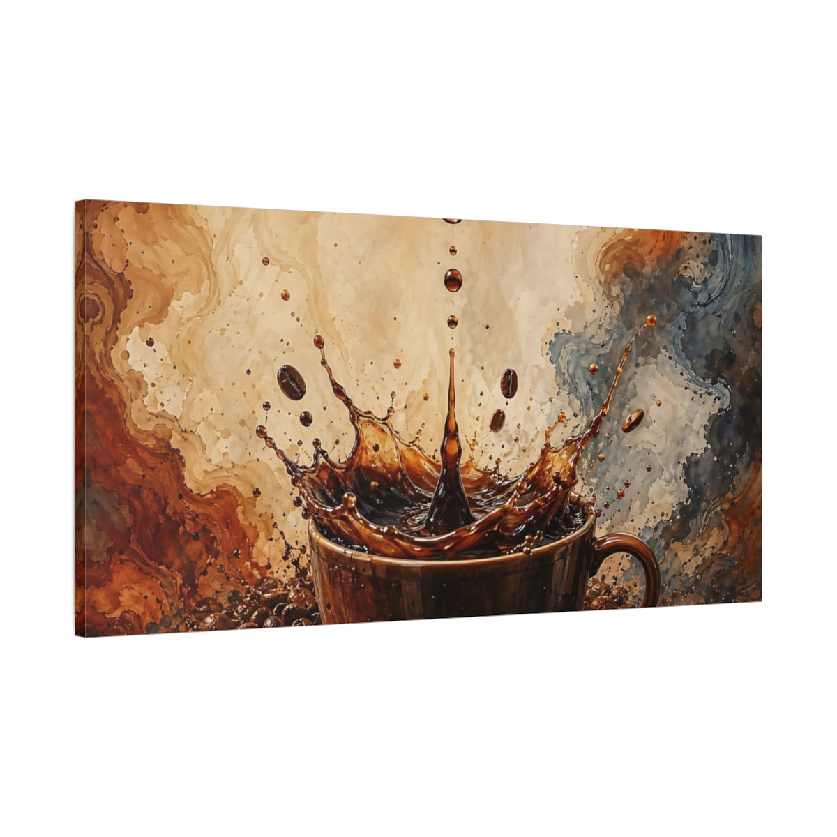 Main Mockup. Abstract Coffee Splash Brown And Beige shown as stretched canvas wall art