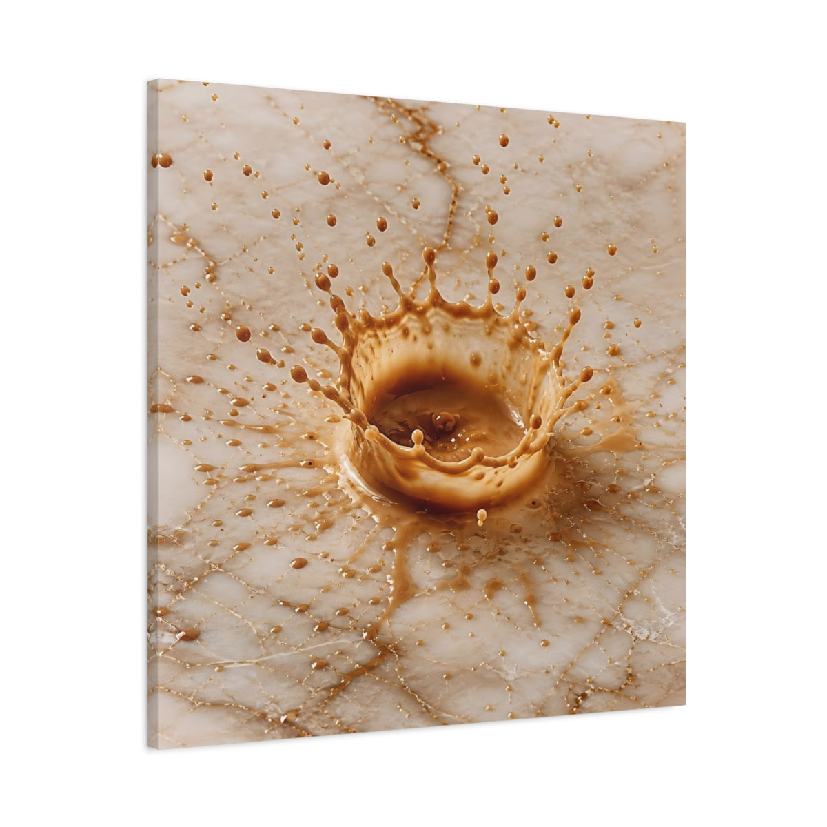 Main Mockup. Abstract Coffee Splash Brown And Beige shown as stretched canvas wall art