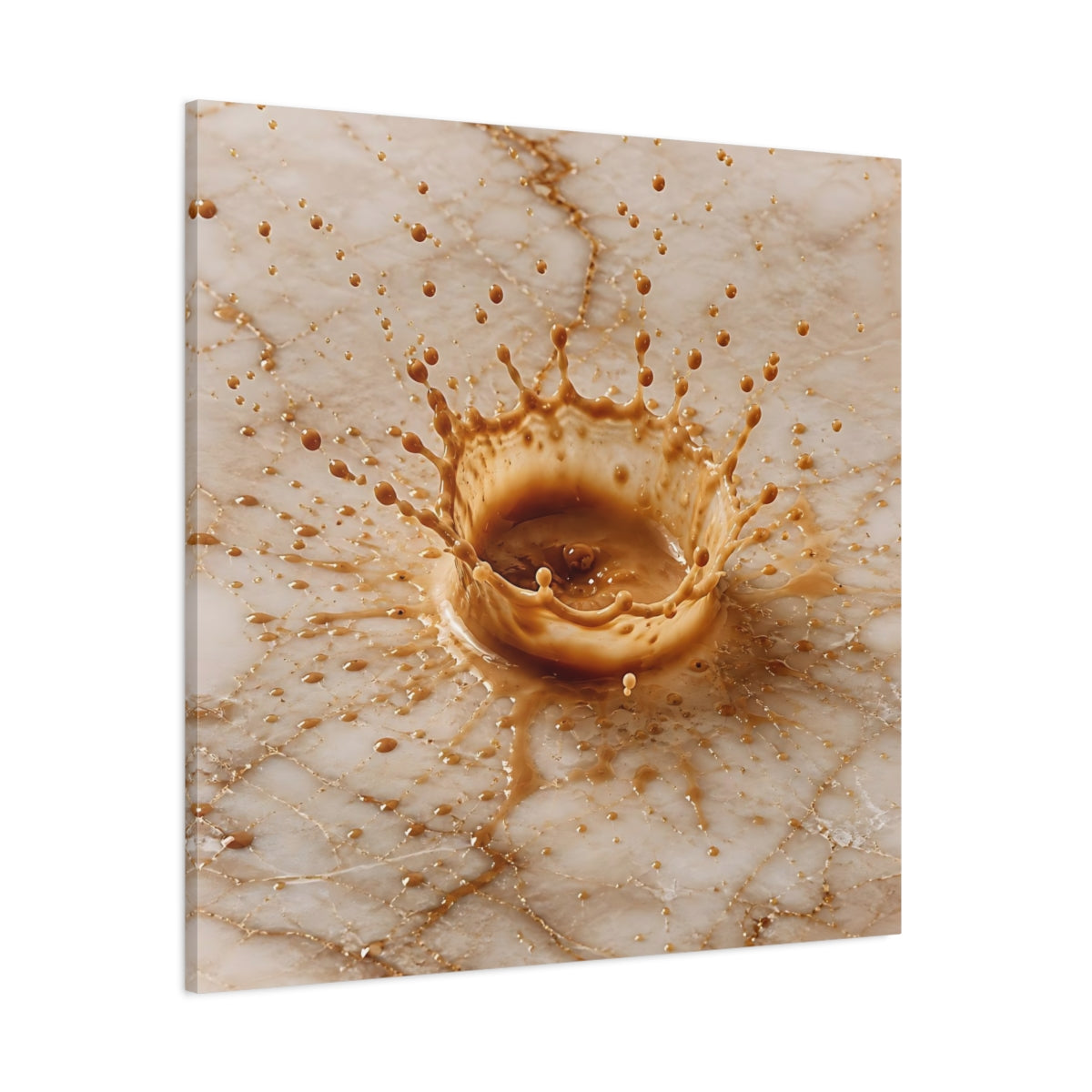 Side Mockup 1. Abstract Coffee Splash Brown And Beige shown as stretched canvas wall art