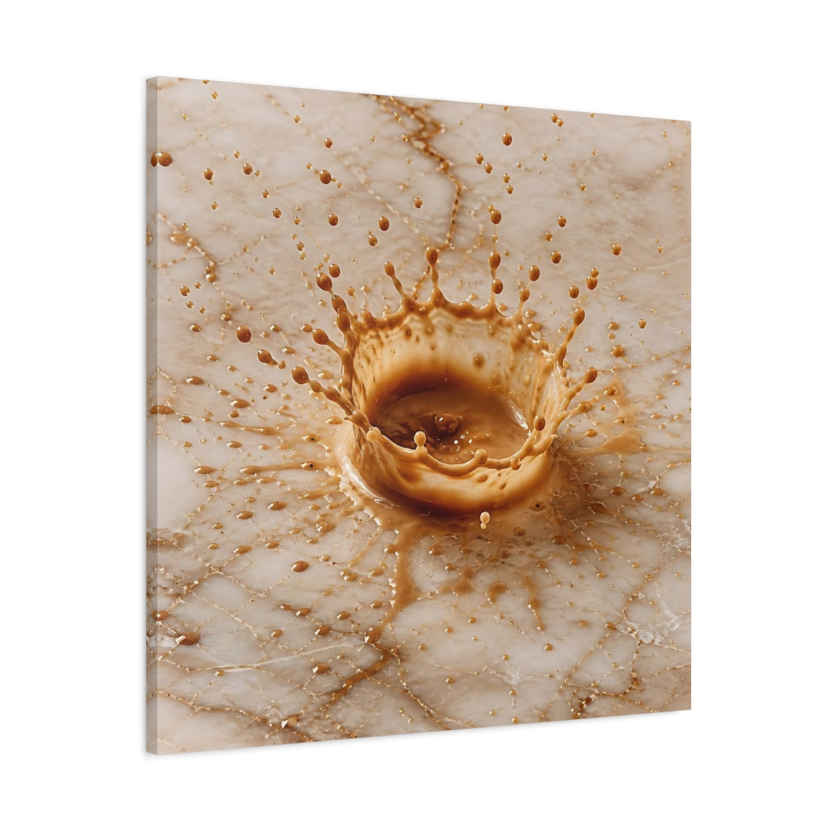 Side Mockup 3. Abstract Coffee Splash Brown And Beige shown as stretched canvas wall art