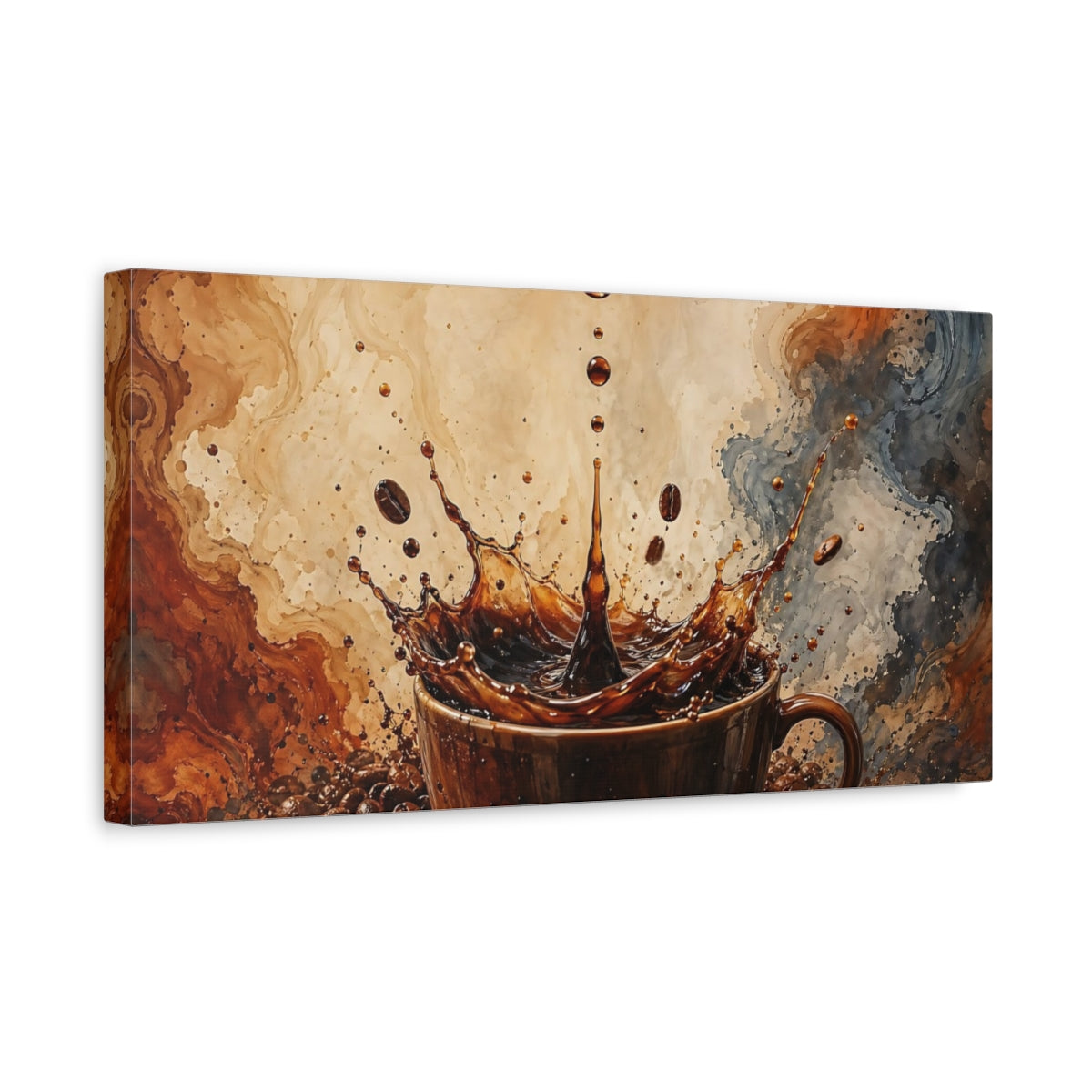 Side Mockup 3. Abstract Coffee Splash Brown And Beige shown as stretched canvas wall art