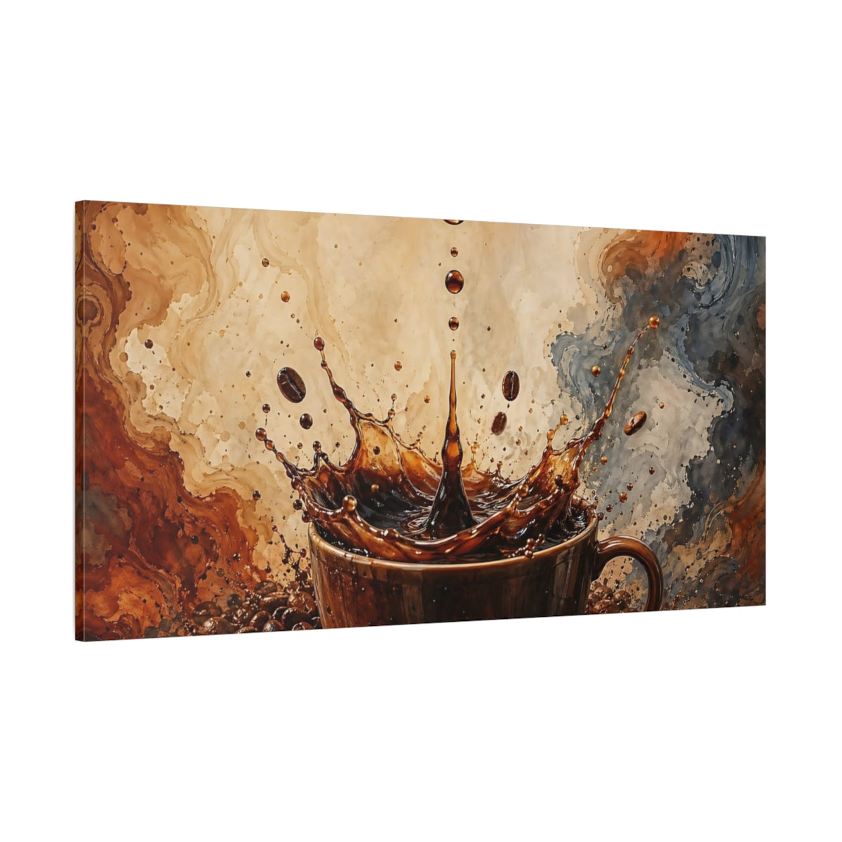 Side Mockup 2. Abstract Coffee Splash Brown And Beige shown as stretched canvas wall art