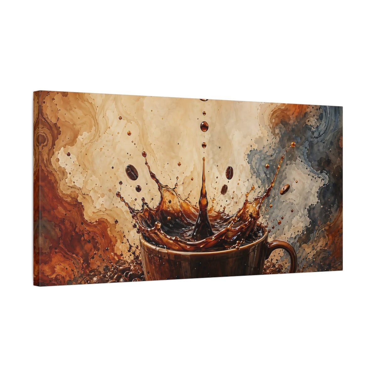 Side Mockup 1. Abstract Coffee Splash Brown And Beige shown as stretched canvas wall art