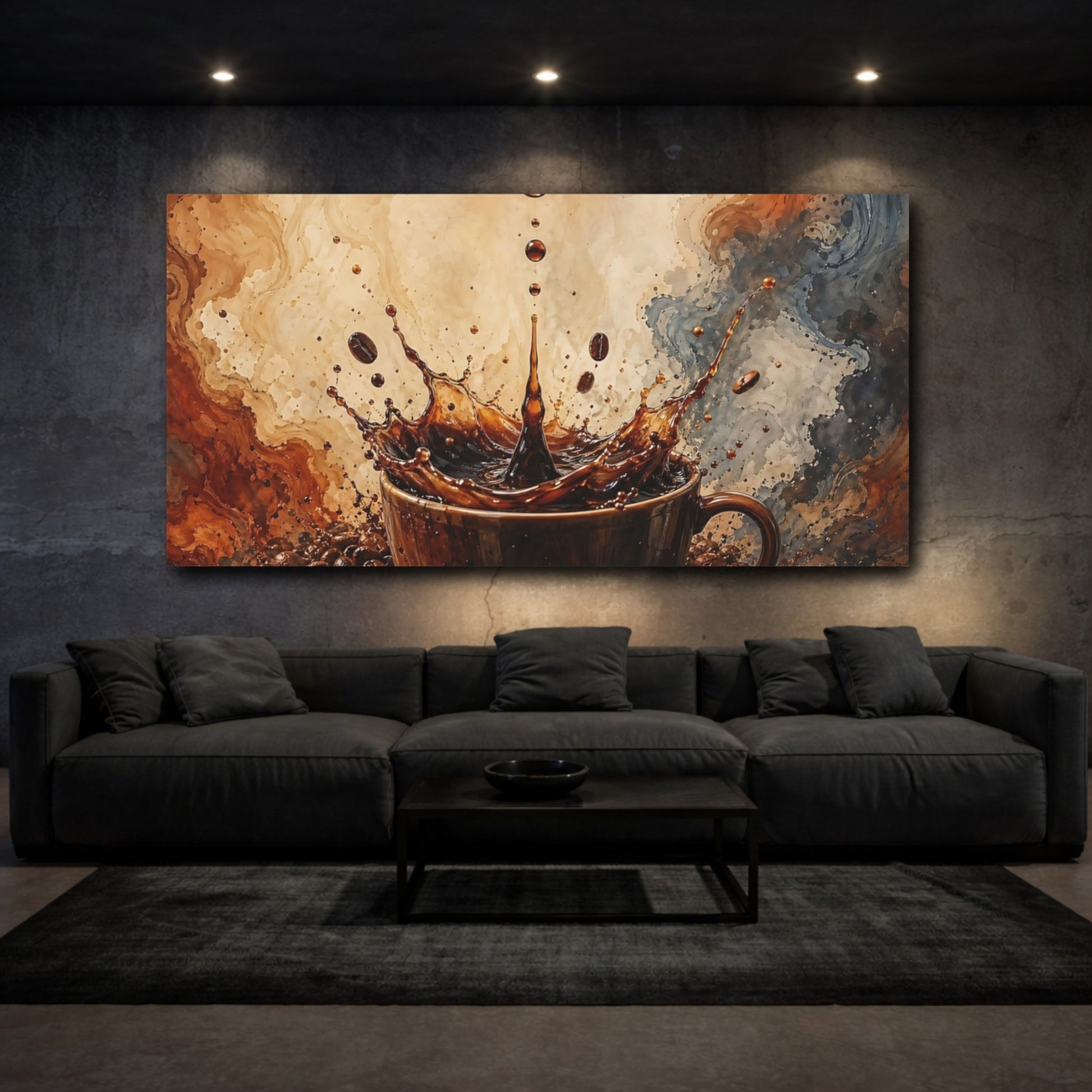 Mockup 2. Abstract Coffee Splash Brown And Beige shown as stretched canvas wall art