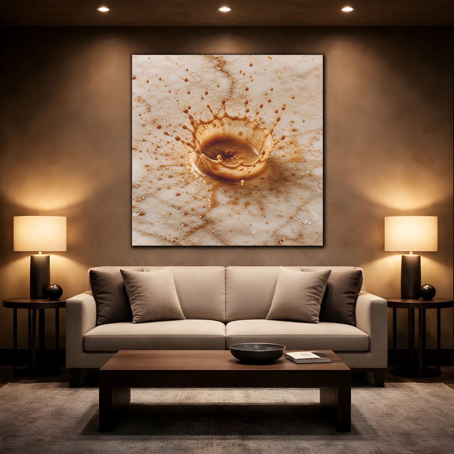 Mockup 2. Abstract Coffee Splash Brown And Beige shown as stretched canvas wall art
