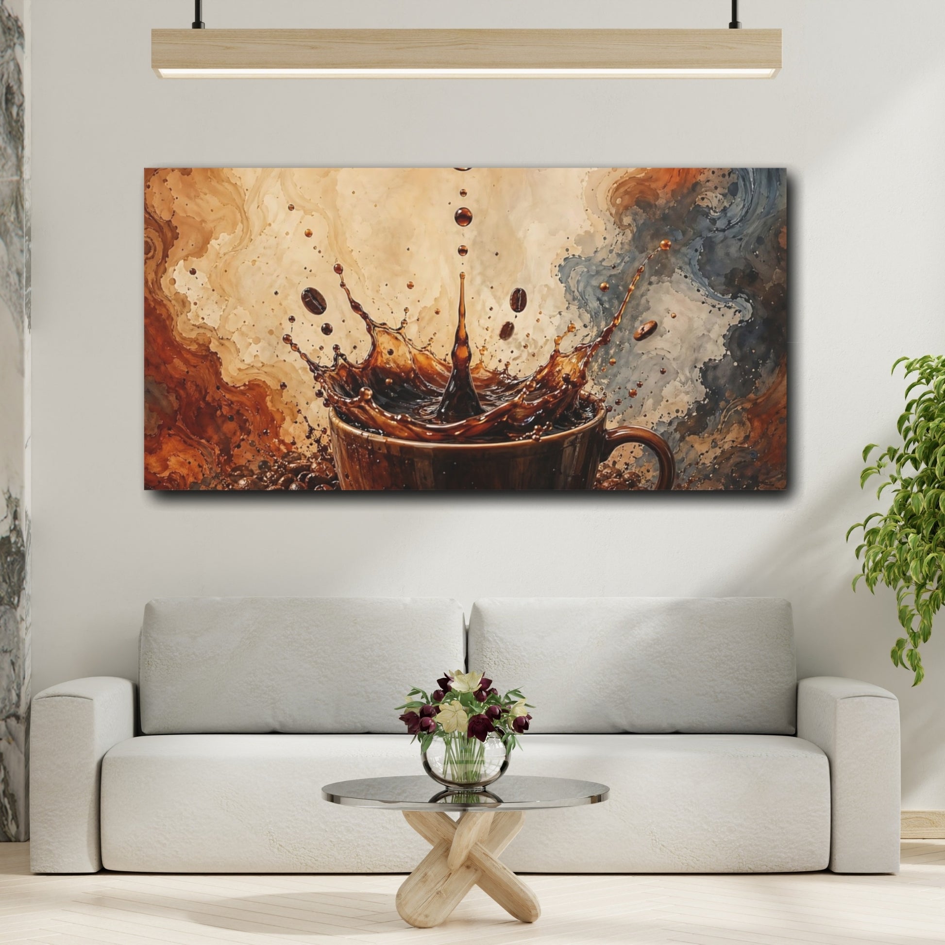 Mockup 3. Abstract Coffee Splash Brown And Beige shown as stretched canvas wall art