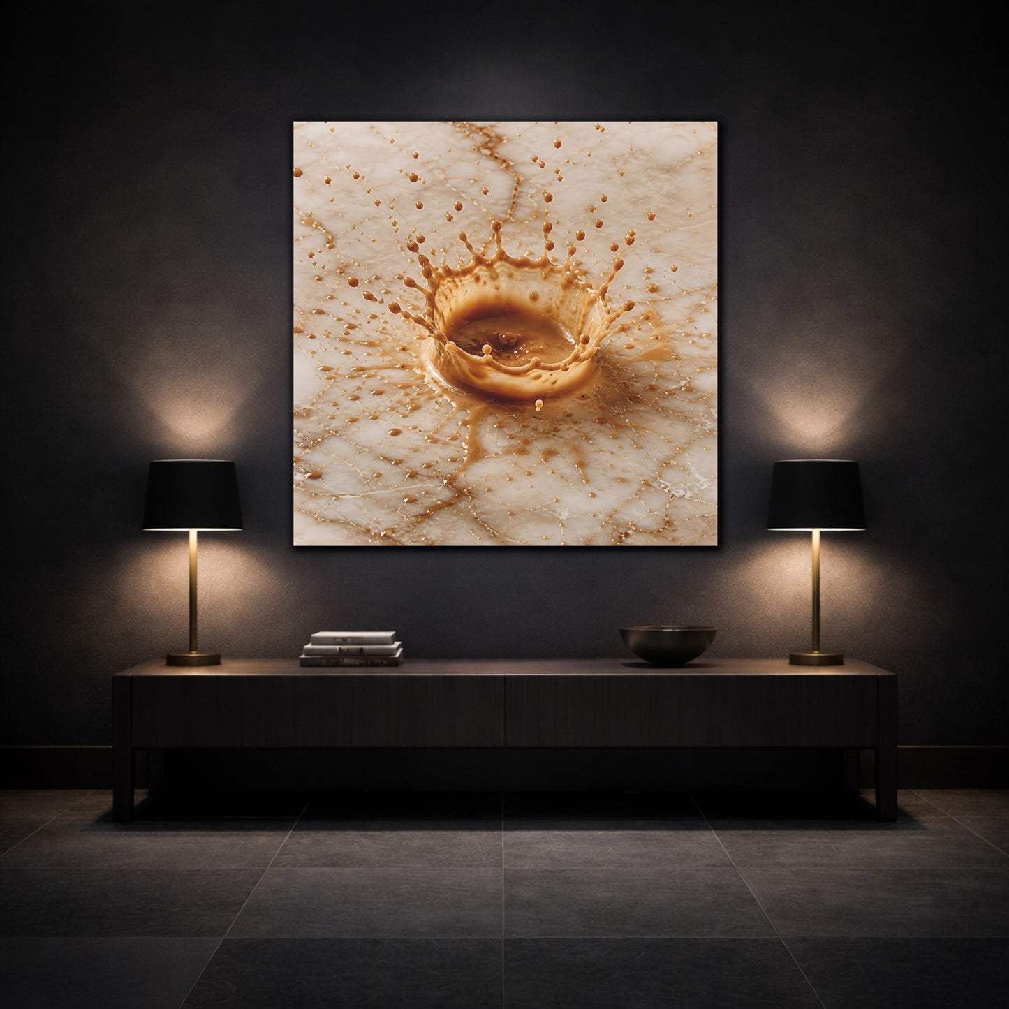 Mockup 3. Abstract Coffee Splash Brown And Beige shown as stretched canvas wall art