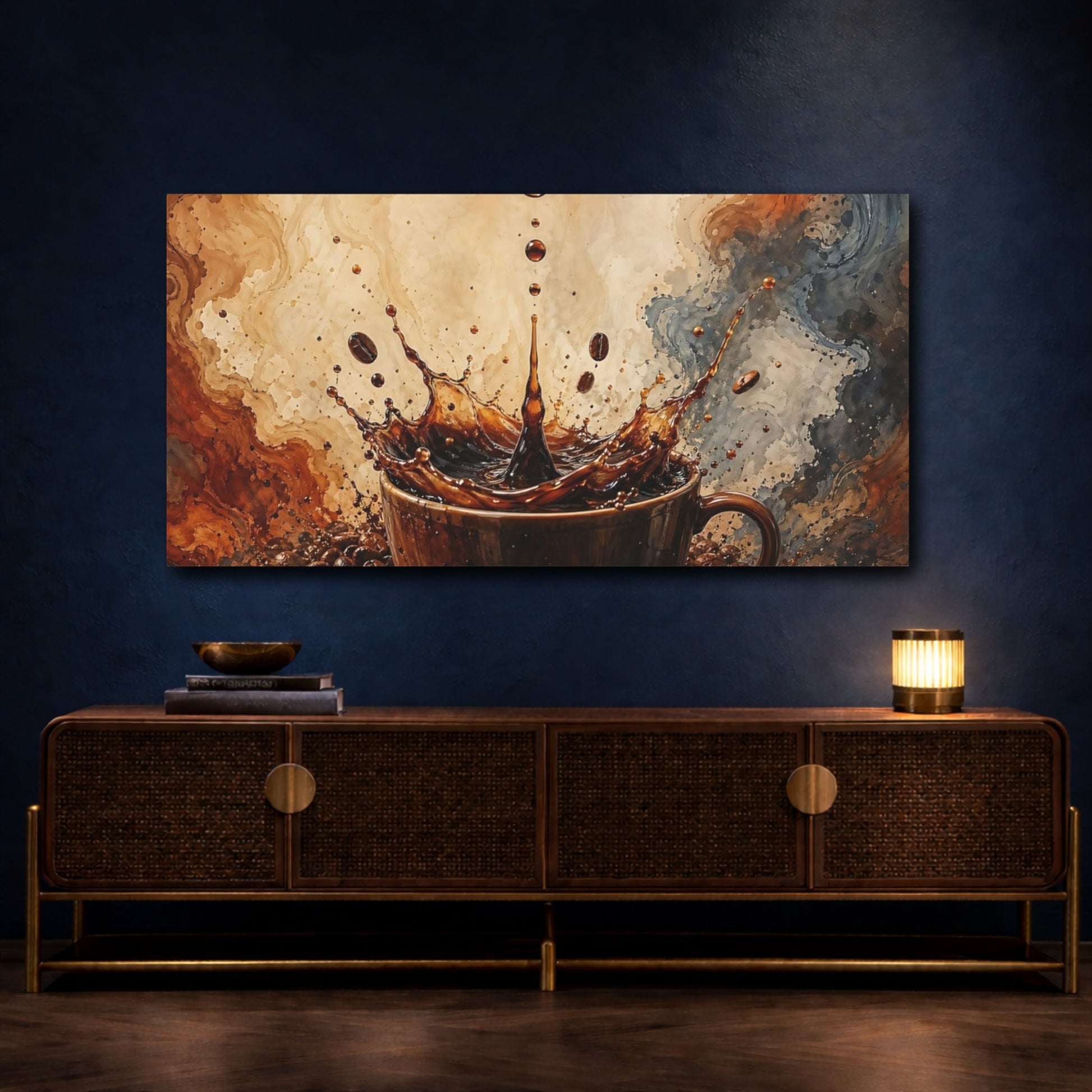 Mockup 4. Abstract Coffee Splash Brown And Beige shown as stretched canvas wall art