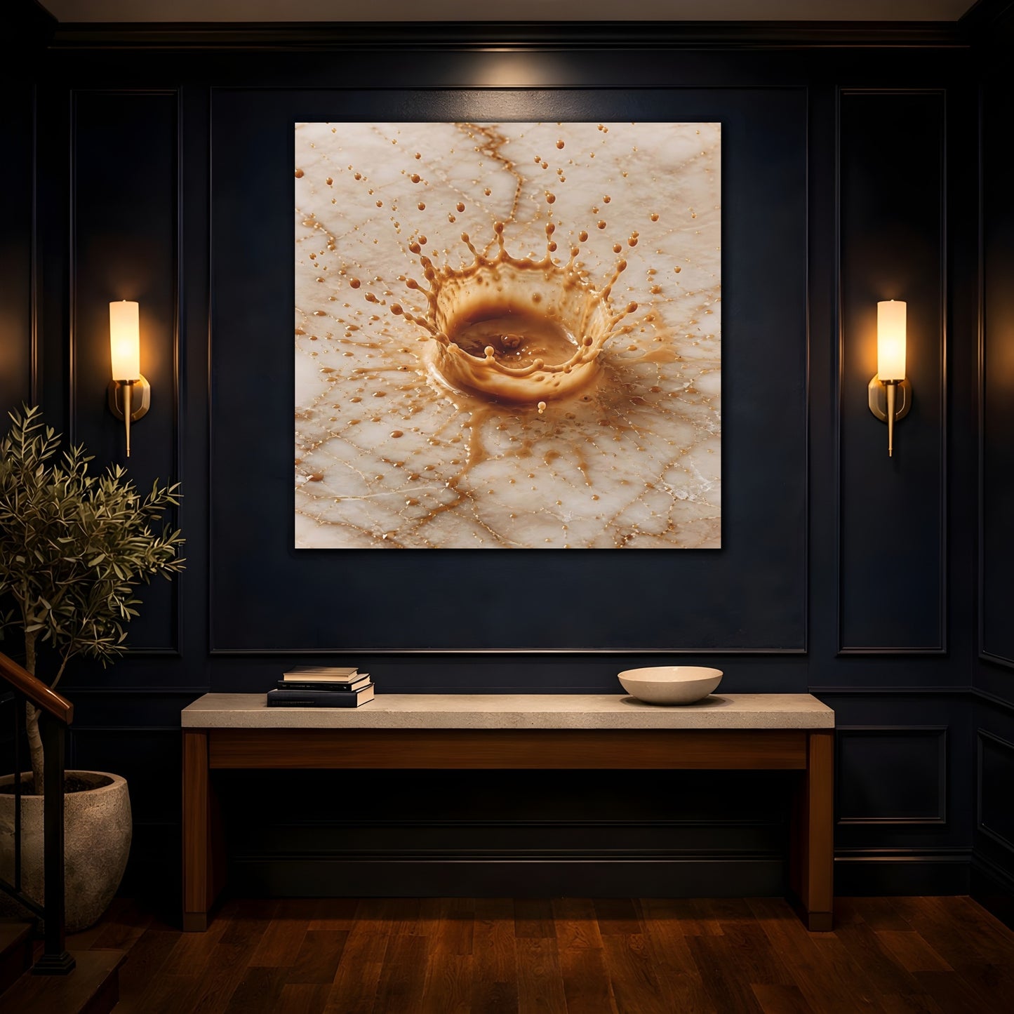Mockup 4. Abstract Coffee Splash Brown And Beige shown as stretched canvas wall art