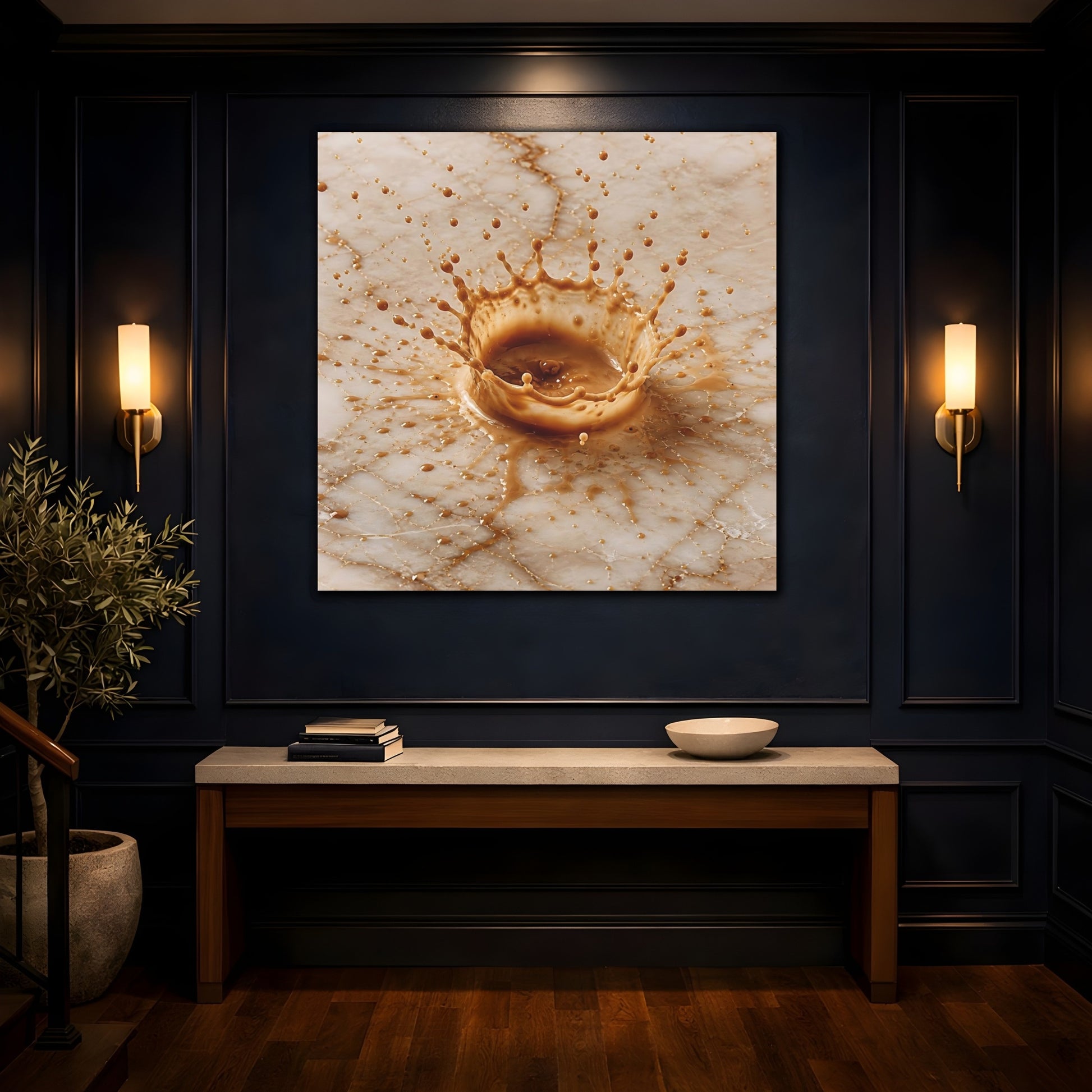 Mockup 4. Abstract Coffee Splash Brown And Beige shown as stretched canvas wall art
