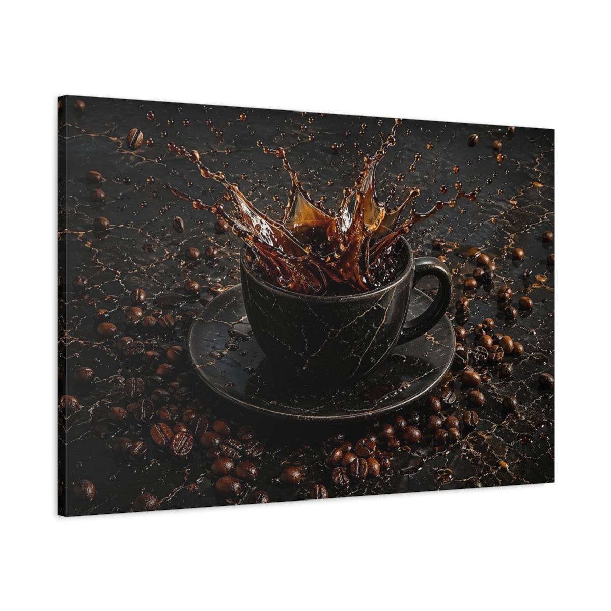 Main Mockup. Abstract Coffee Splash Brown And Black shown as stretched canvas wall art
