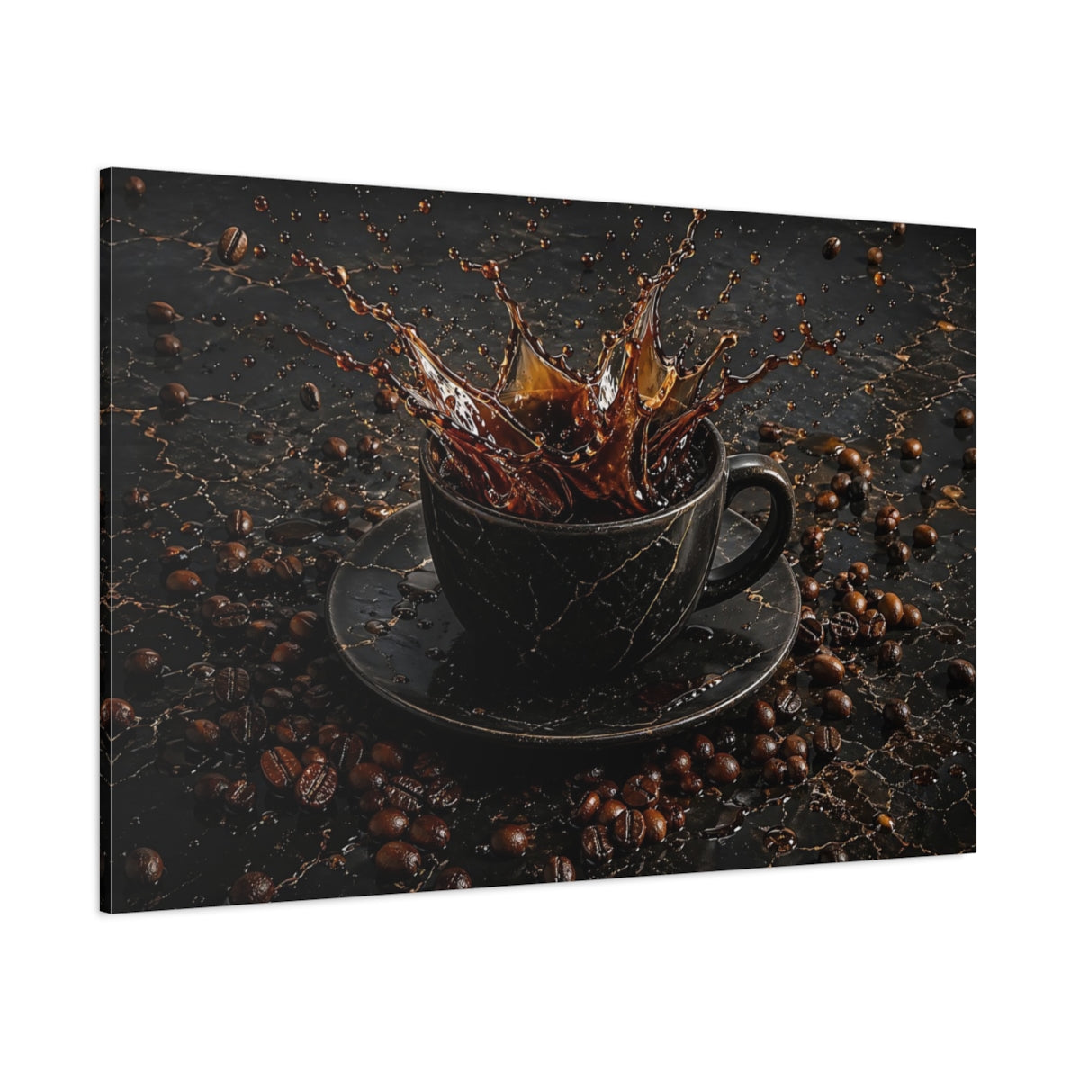 Side Mockup 1. Abstract Coffee Splash Brown And Black shown as stretched canvas wall art