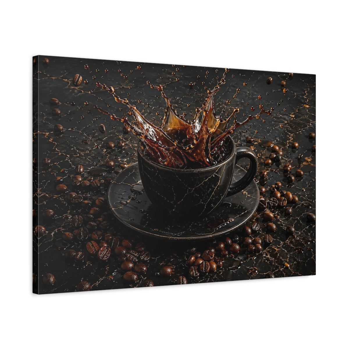 Side Mockup 2. Abstract Coffee Splash Brown And Black shown as stretched canvas wall art