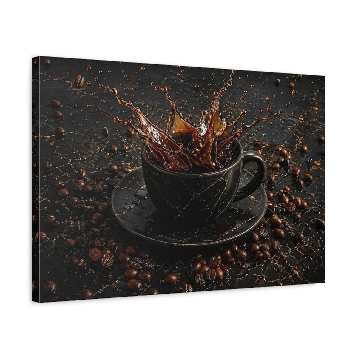 Side Mockup 3. Abstract Coffee Splash Brown And Black shown as stretched canvas wall art