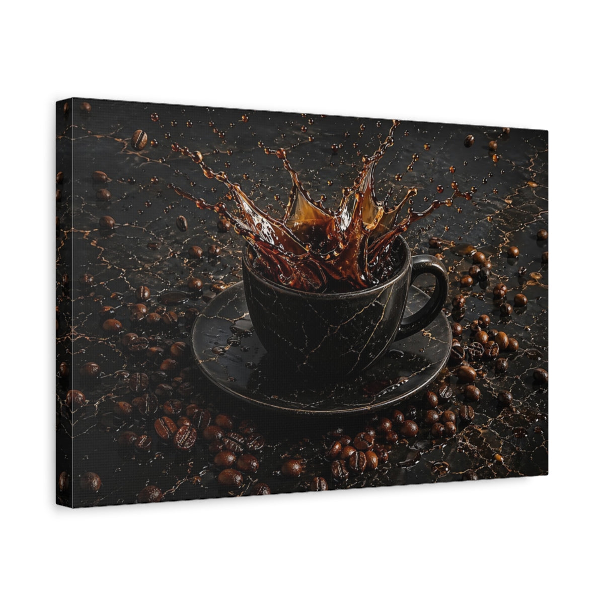 Side Mockup 4. Abstract Coffee Splash Brown And Black shown as stretched canvas wall art