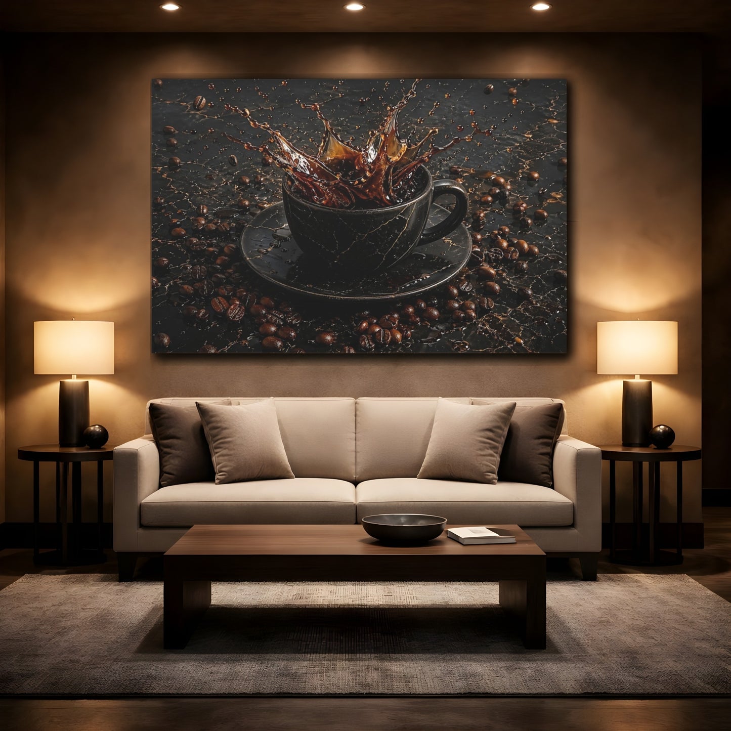 Mockup 2. Abstract Coffee Splash Brown And Black shown as stretched canvas wall art