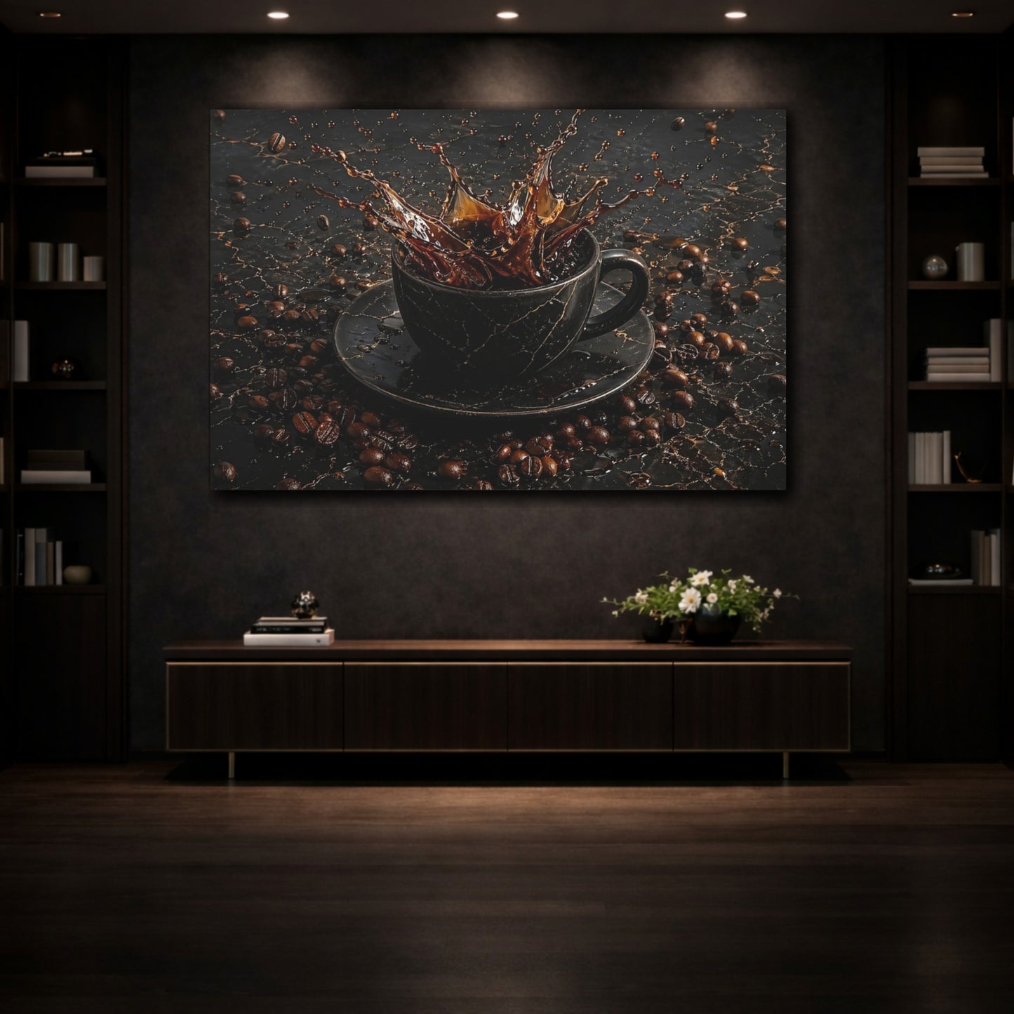 Mockup 3. Abstract Coffee Splash Brown And Black shown as stretched canvas wall art