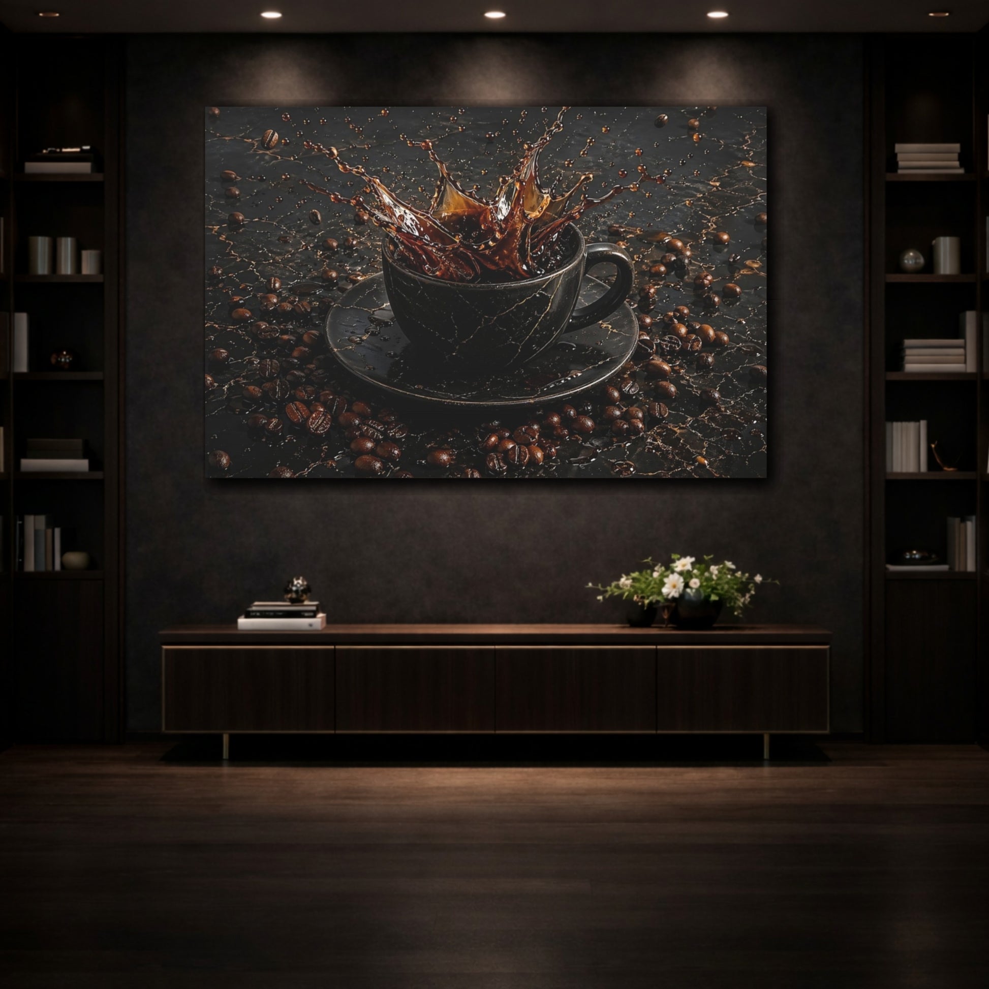 Mockup 3. Abstract Coffee Splash Brown And Black shown as stretched canvas wall art