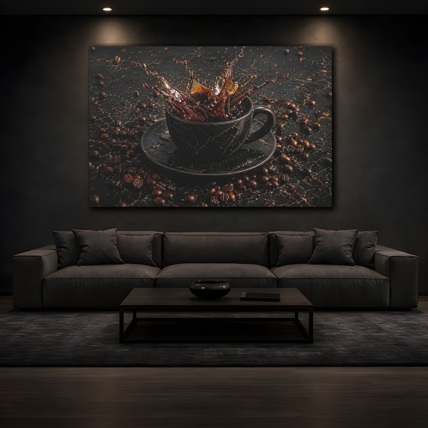 Mockup 4. Abstract Coffee Splash Brown And Black shown as stretched canvas wall art