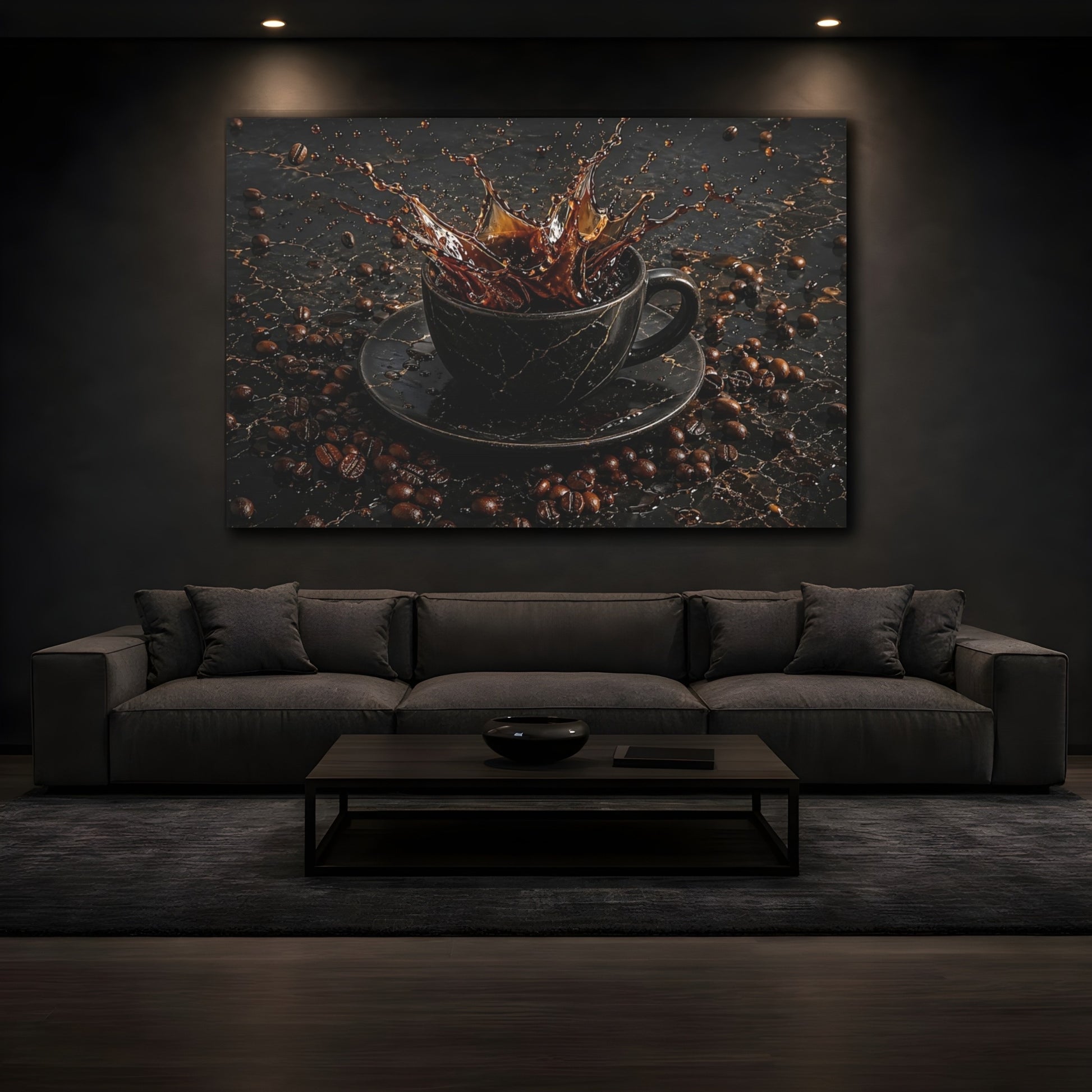 Mockup 4. Abstract Coffee Splash Brown And Black shown as stretched canvas wall art
