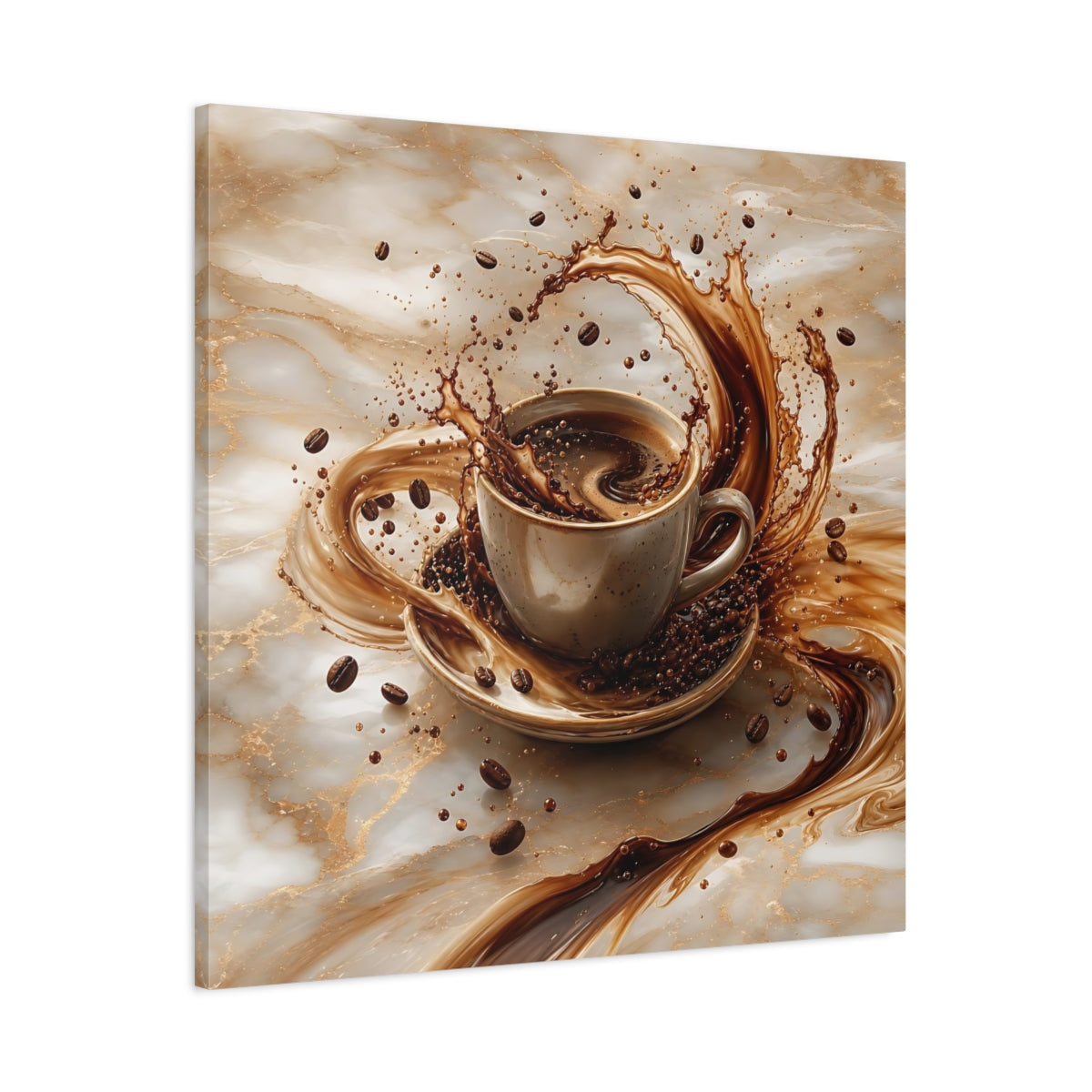 Main Mockup. Abstract Coffee Splash Brown And Gold shown as stretched canvas wall art
