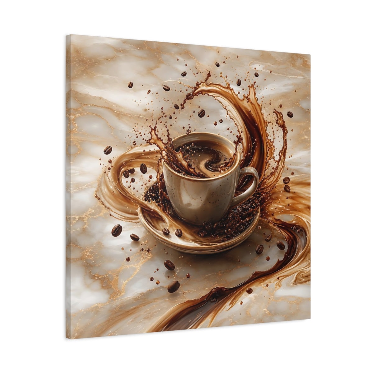 Side Mockup 3. Abstract Coffee Splash Brown And Gold shown as stretched canvas wall art