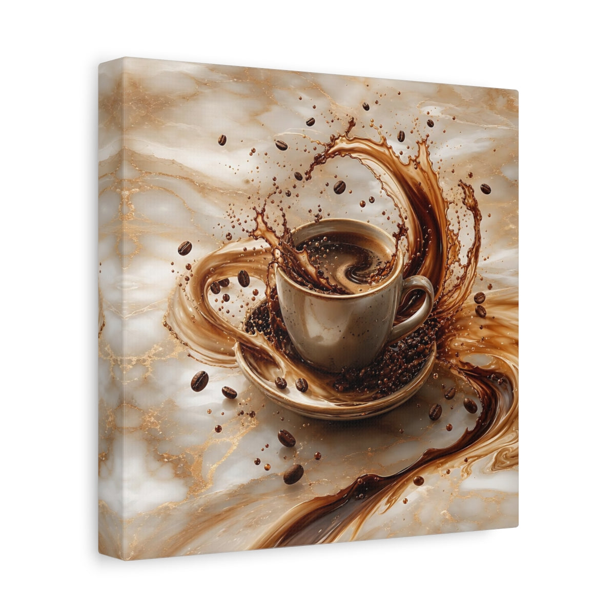 Side Mockup 9. Abstract Coffee Splash Brown And Gold shown as stretched canvas wall art
