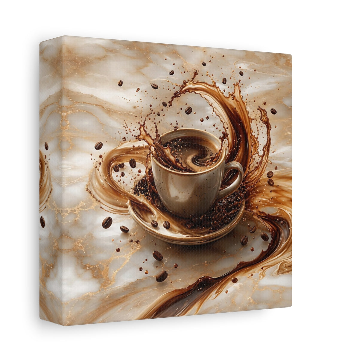 Side Mockup 2. Abstract Coffee Splash Brown And Gold shown as stretched canvas wall art