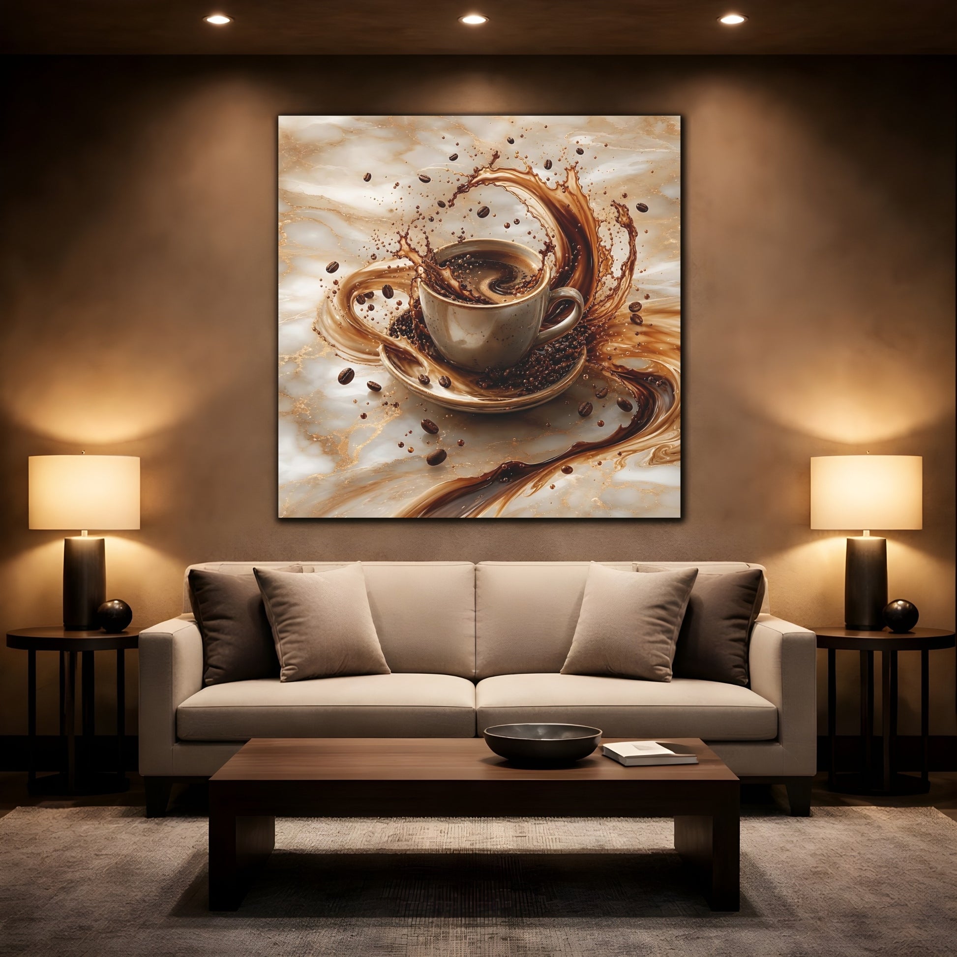 Mockup 2. Abstract Coffee Splash Brown And Gold shown as stretched canvas wall art