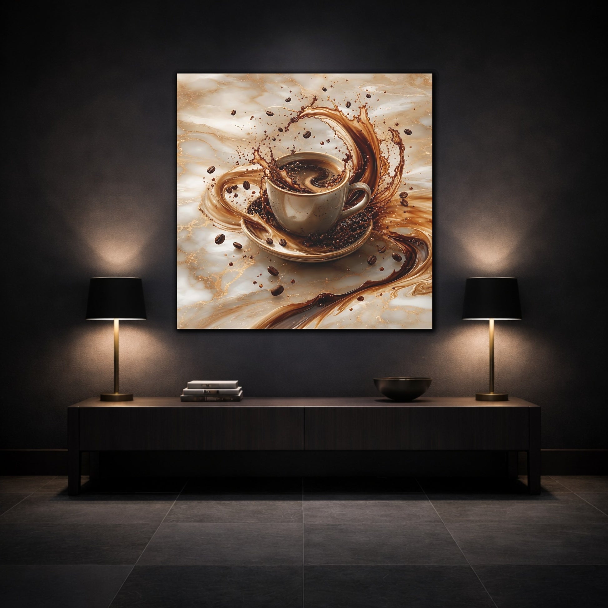 Mockup 3. Abstract Coffee Splash Brown And Gold shown as stretched canvas wall art