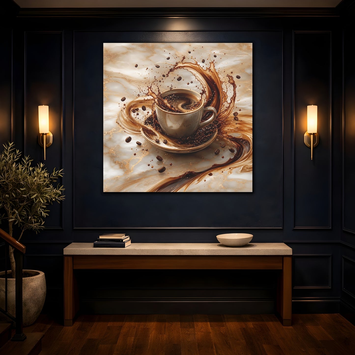 Mockup 4. Abstract Coffee Splash Brown And Gold shown as stretched canvas wall art