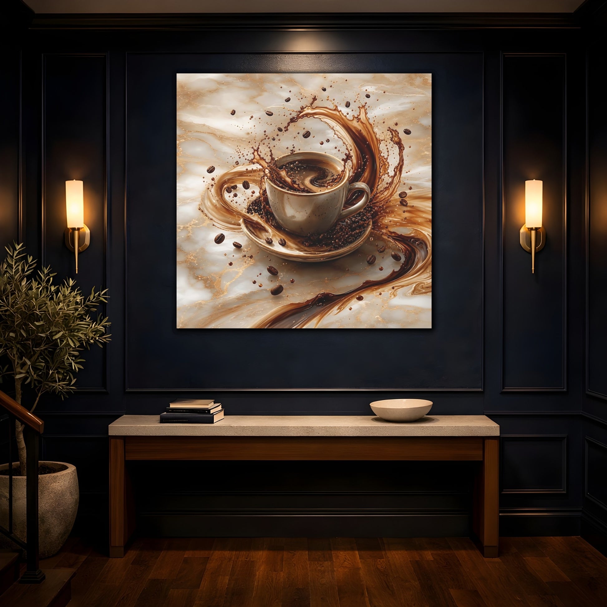 Mockup 4. Abstract Coffee Splash Brown And Gold shown as stretched canvas wall art