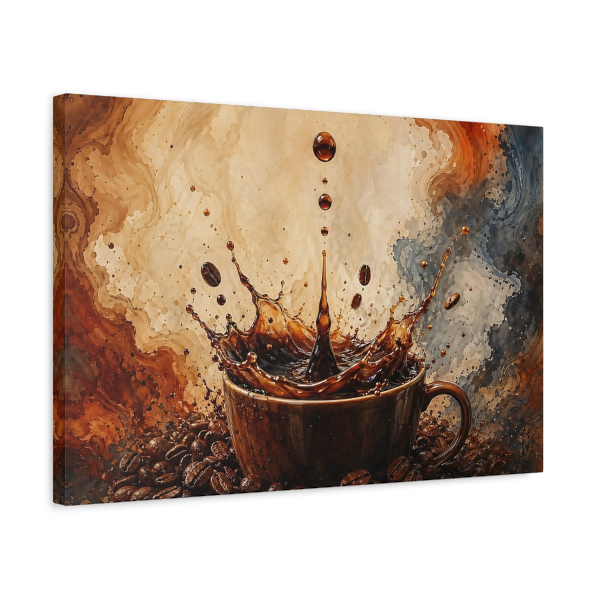 Side Mockup 3. Abstract Coffee Splash Brown Coffee Splash shown as stretched canvas wall art