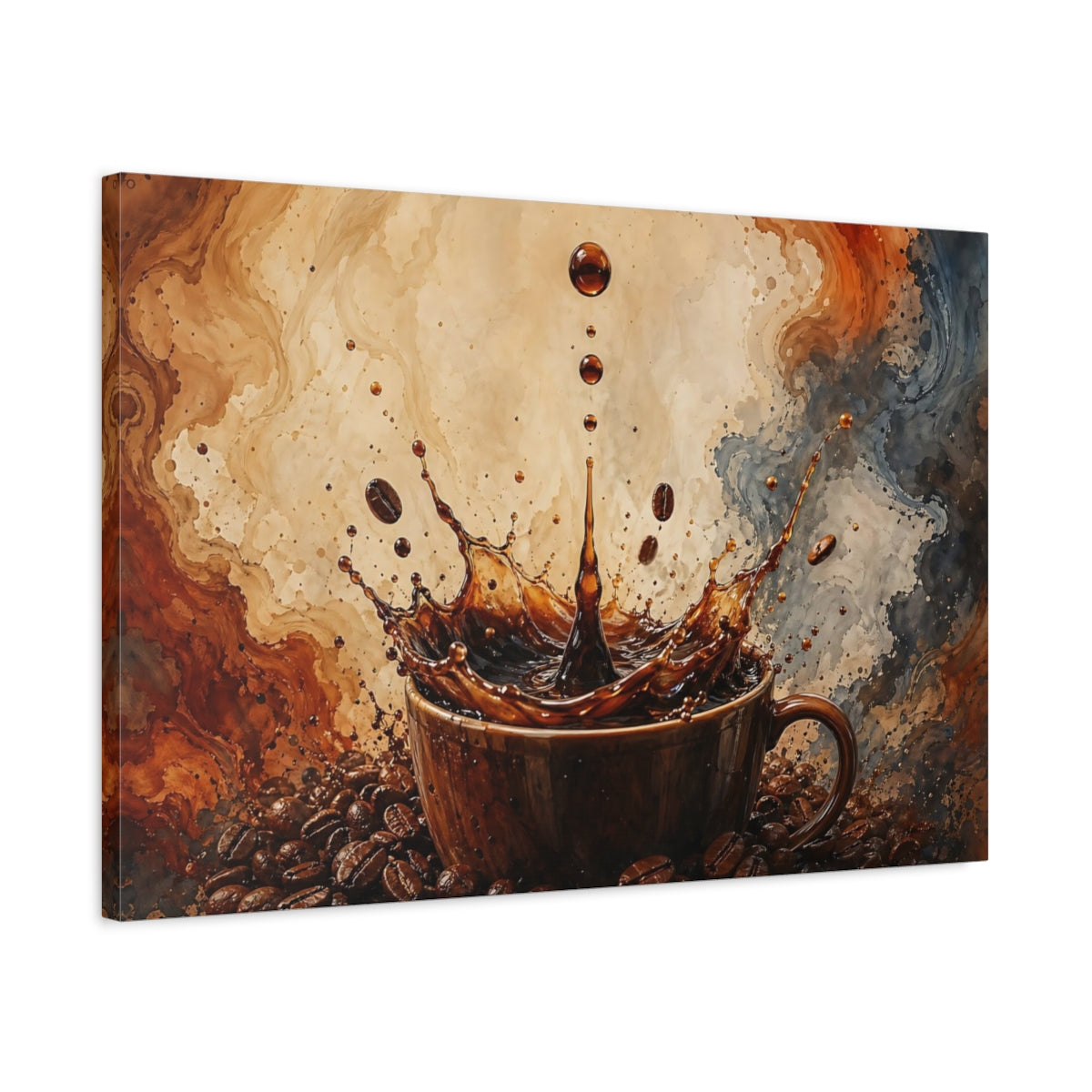Side Mockup 2. Abstract Coffee Splash Brown Coffee Splash shown as stretched canvas wall art