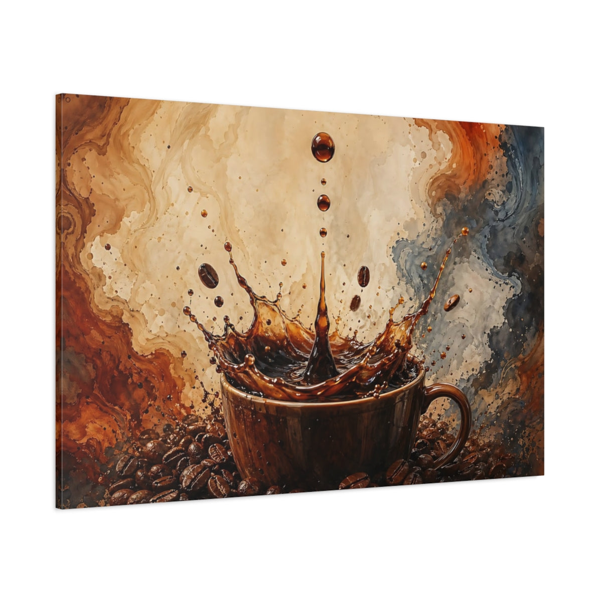 Side Mockup 1. Abstract Coffee Splash Brown Coffee Splash shown as stretched canvas wall art