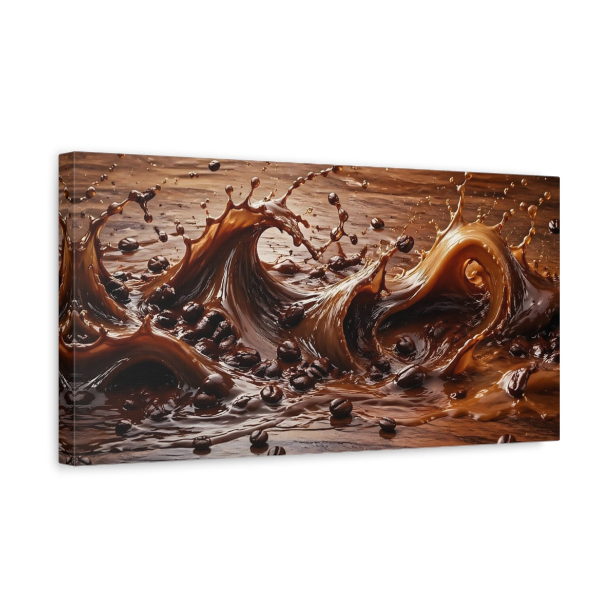 Side Mockup 3. Abstract Coffee Splash Coffee Brown shown as stretched canvas wall art