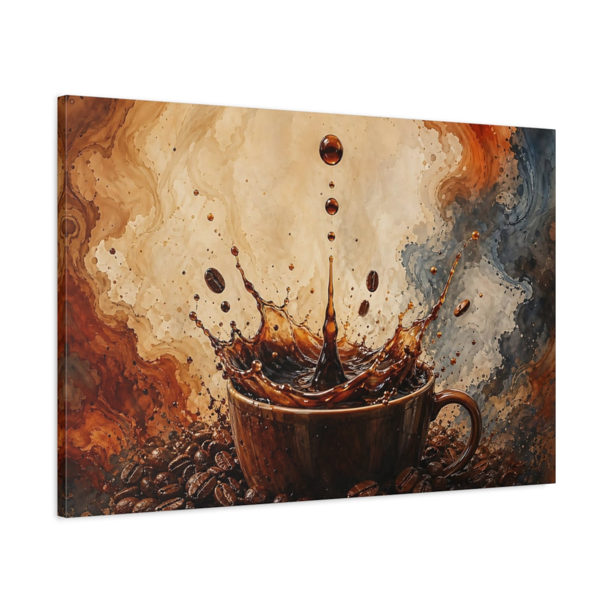 Main Mockup. Abstract Coffee Splash Brown Coffee Splash shown as stretched canvas wall art